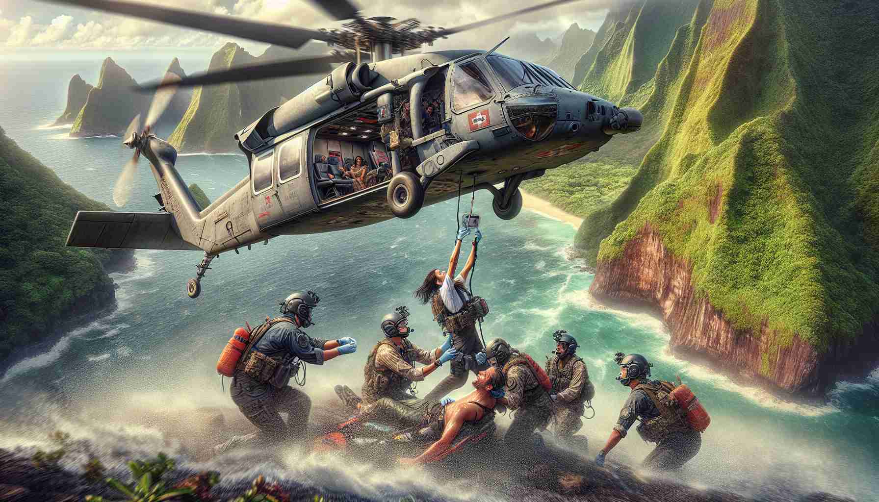 An extremely detailed, high-definition image displaying a successful rescue mission unfolding on a remote, unchartered island. It showcases a team of exhaustive, yet resilient rescuers: a Middle-Eastern female pilot maneuvering a helicopter skillfully hovering just above the rugged terrain; a black male medic preparing medical equipment inside the helicopter; and a Hispanic female rescuer on the ground, eagerly waiting with a Caucasian male survivor. Stirs of excitement, stress, and relief mix in the air as the survivor is close to being airlifted. The backdrop is made up of lush greenery, steep cliffs, and the vast ocean.