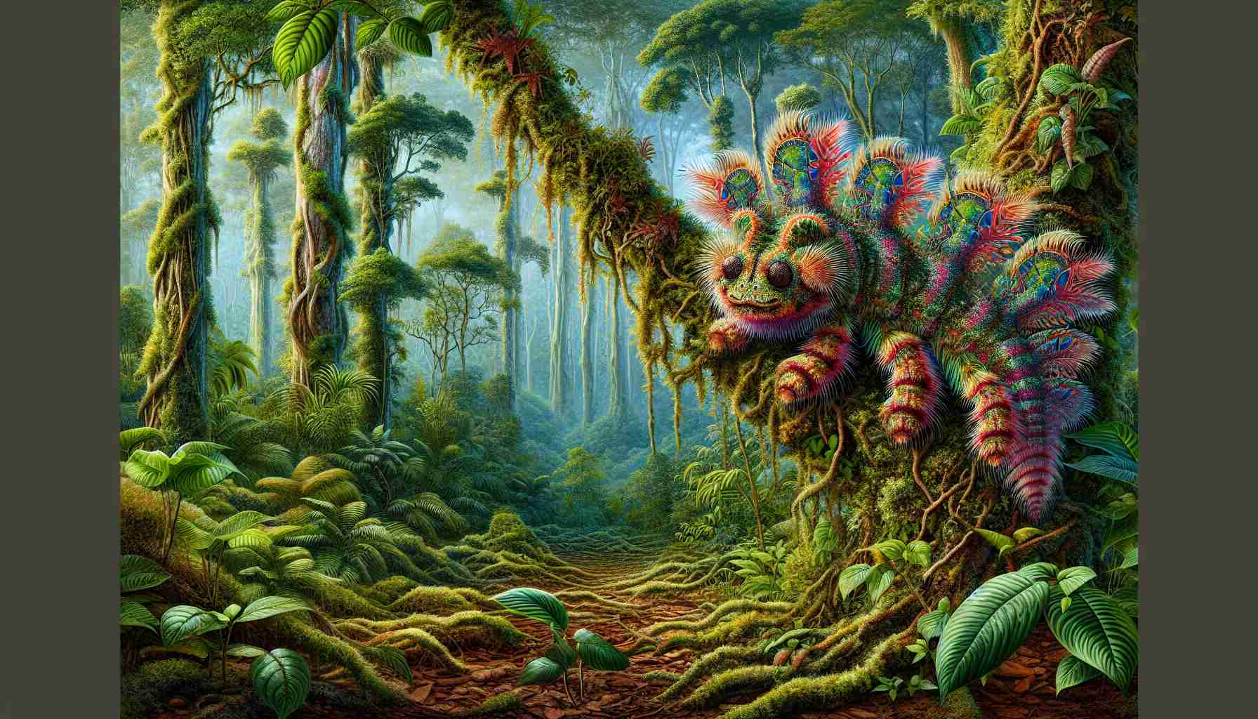 A highly detailed, high-definition image depicting an unexpected newly discovered species in a remote part of the Amazon rainforest. This species is illustrated as having vibrant colors and peculiar shape characteristics, making it significantly different from typical rainforest dwellers. Background of image should depict the lush, dense foliage of the Amazon rainforest, with tall trees, creeping vines, and a variety of other flora, capturing the richness and biodiversity of one of the planet's most important ecosystems.