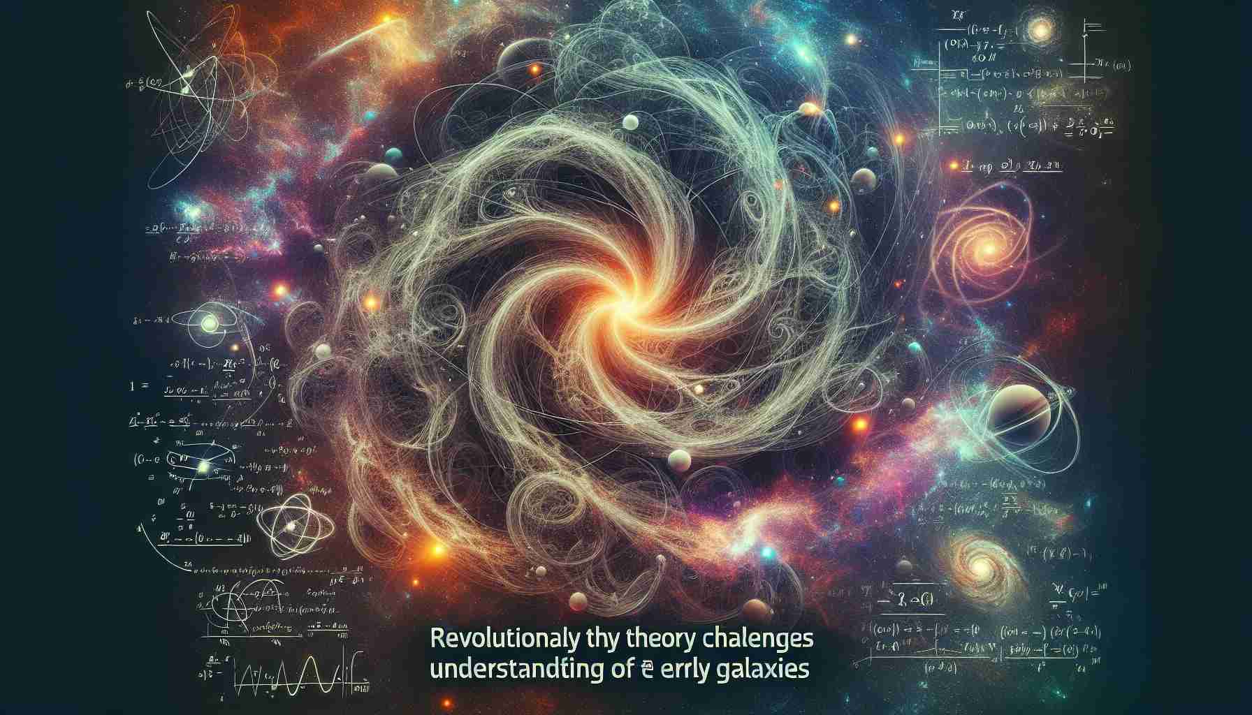 Generate a realistic, high-definition image that symbolically represents the theoretical challenges of understanding early galaxies. This could include features like a swirling mass of stars, radiant celestial bodies, convoluted cosmic strings intertwined with ethereal nebulae, and physical equations or astronomical symbols embedded in the composition. Add a bold text overlay stating, 'Revolutionary Theory Challenges Understanding of Early Galaxies'.