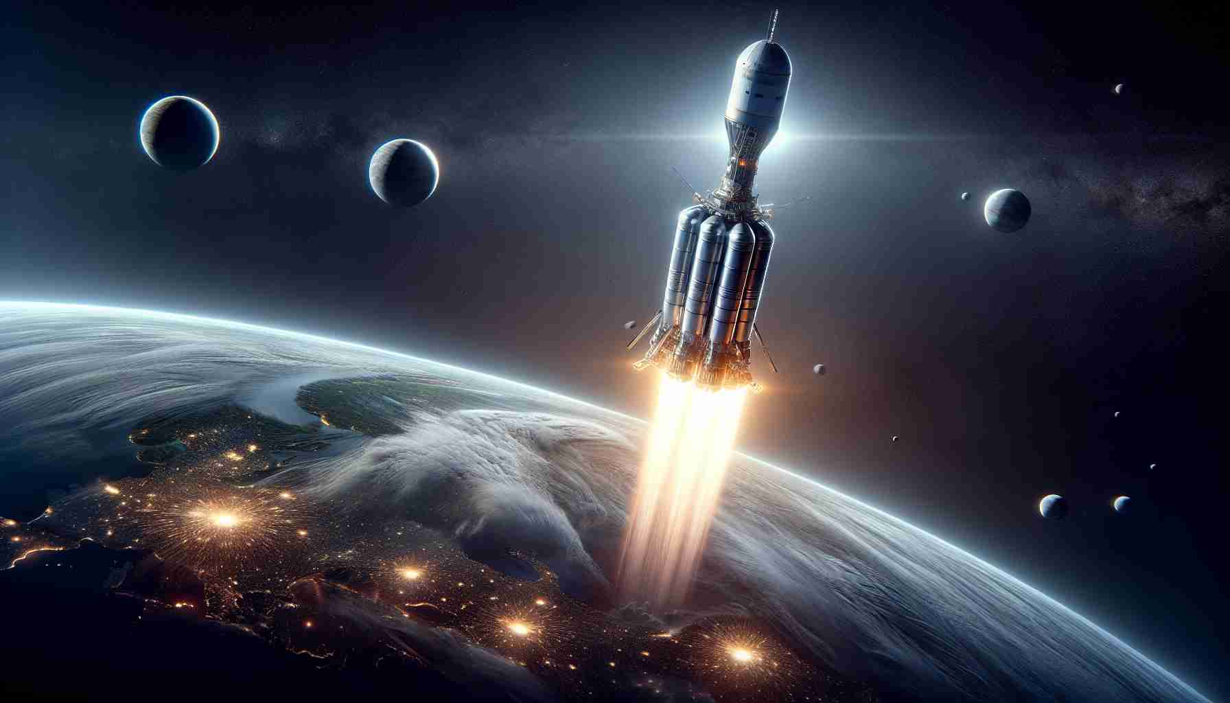 Realistic high-definition image capturing the spectacle of a major space exploration event: The launch of a hypothetical mission named 'Europa Clipper'. This image should depict the space vehicle as it breaks away from the Earth's gravitational pull, with our home planet and its familiar features shrinking in the background. The might and illumination of its engines light up the dark void of space. The overall ambiance brings a sense of anticipation and excitement, embodying humanity's insatiable thirst to unravel the mysteries of the cosmos, specifically targeting Europa, one of Jupiter's largest moons.