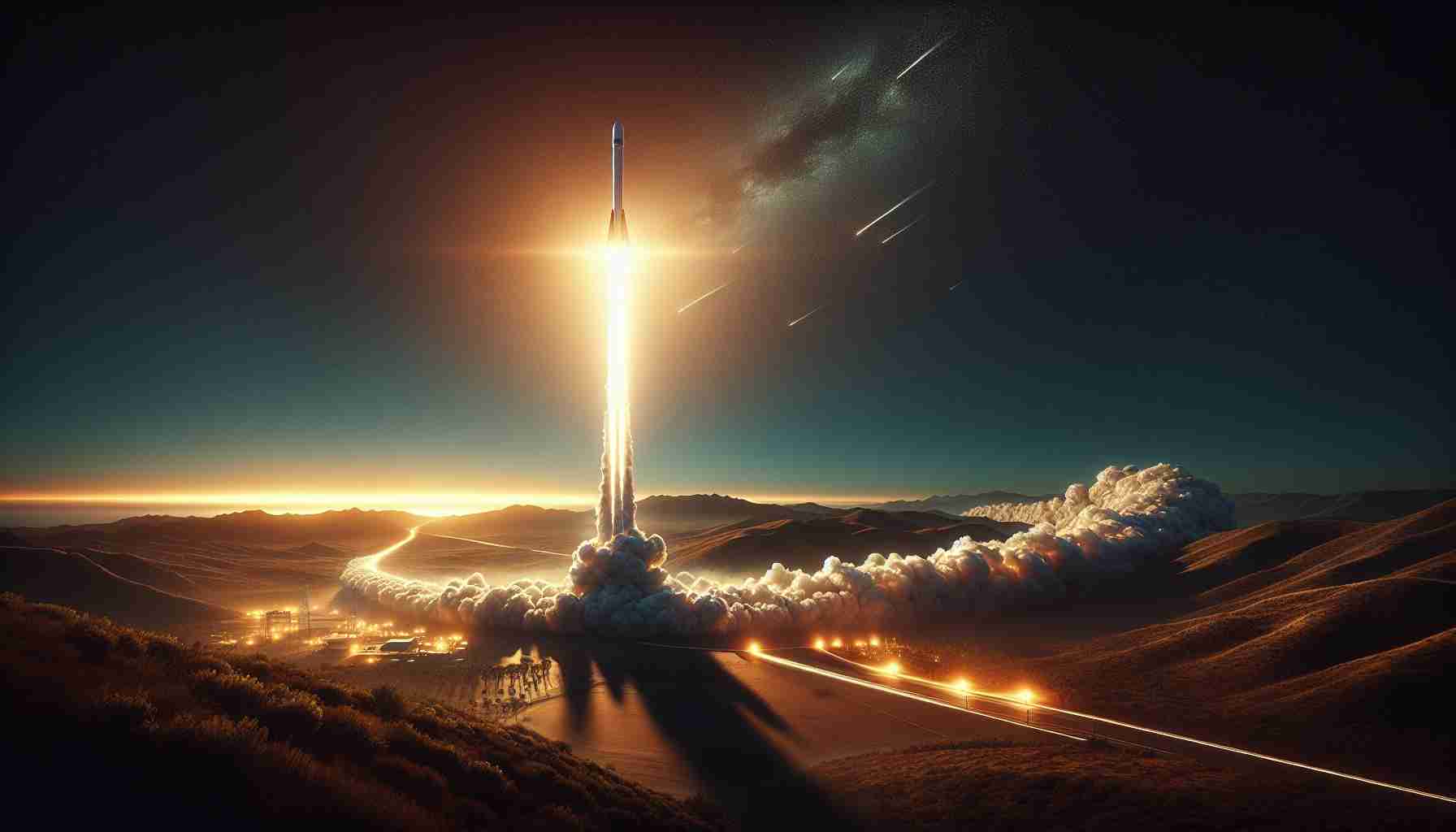 High-definition realistic image of a future rocket launch event. The setting is Southern California, and the skies are being illuminated by the powerful thrust from the rocket engines. The entire scene is bathed in the brilliant light from the rocket, casting long, dramatic shadows on the Californian landscape. The rocket is in mid-ascent, with streams of fiery exhaust trailing behind it. It's dusk, and the ambient light from the setting sun and the glow from the rocket create a captivating synergy. There's a mild sense of anticipation and awe that permeates the atmosphere