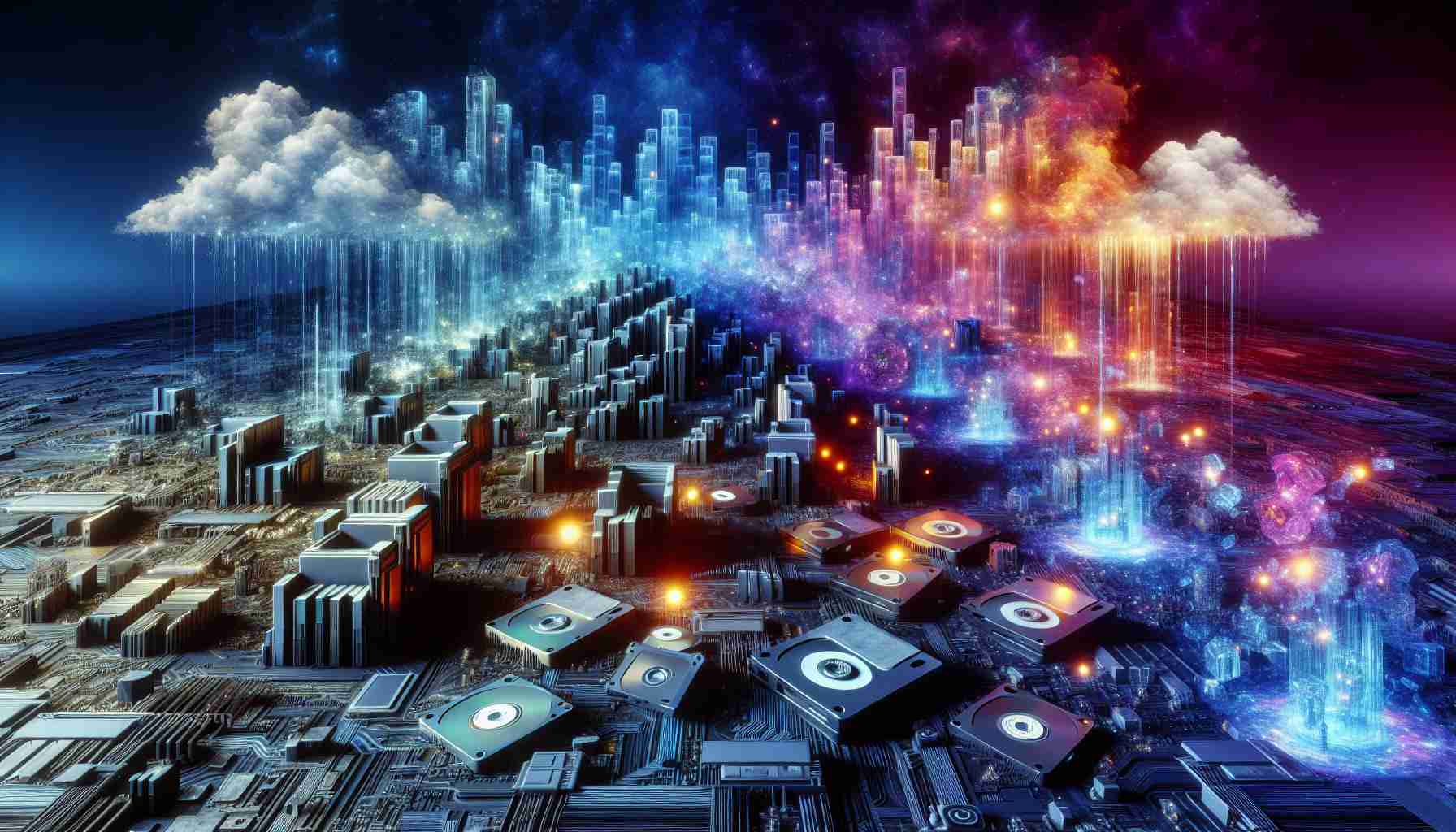 An intensely realistic high-definition image showcasing a metaphorical revolution of the data storage landscape. Picture a terrain formed from glowing digital data blocks, constantly changing and rearranging. Foreground features the old, clunky physical storage devices like floppy disks and CDs, fading and crumbling away. Meanwhile, the background portrays a vibrant, dynamic array of modern data storage technologies, like cloud storage icons, solid-state drive (SSD) and advanced server racks growing like structures in a futuristic cityscape. The transformation should suggest a powerful shift from old to new age data storage solutions.