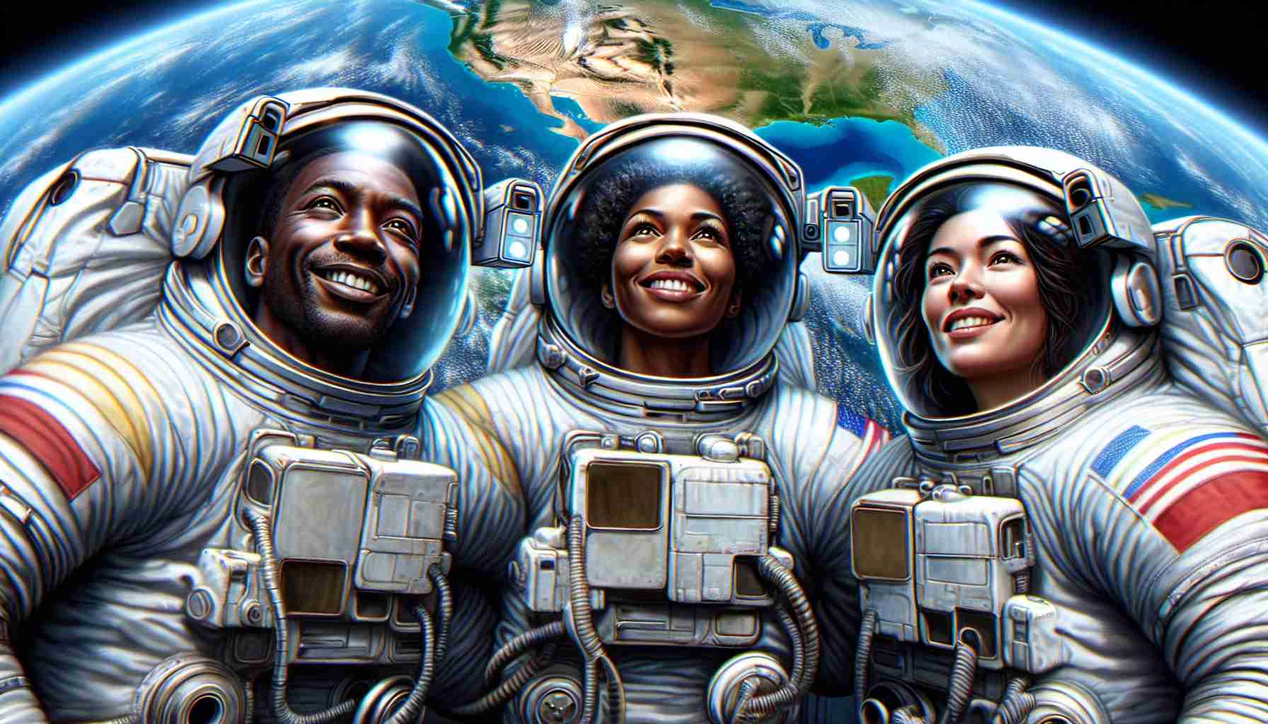 Draw a hyper-realistic, high-definition image of three astronauts: a Black woman, a Middle Eastern man, and a South Asian woman, all wearing clean and glinting space suits. They are safely returning to Earth after a long space mission. This momentous occasion is portrayed through collective sighs of relief and elation on their faces. The background is filled with the breathtaking view of Earth from the upper atmosphere, the vivid blue oceans contrasting against the various hues of green and brown landmasses. Their spacecraft is marked with visible signs of wear and tear, indicating the length of their successful journey.