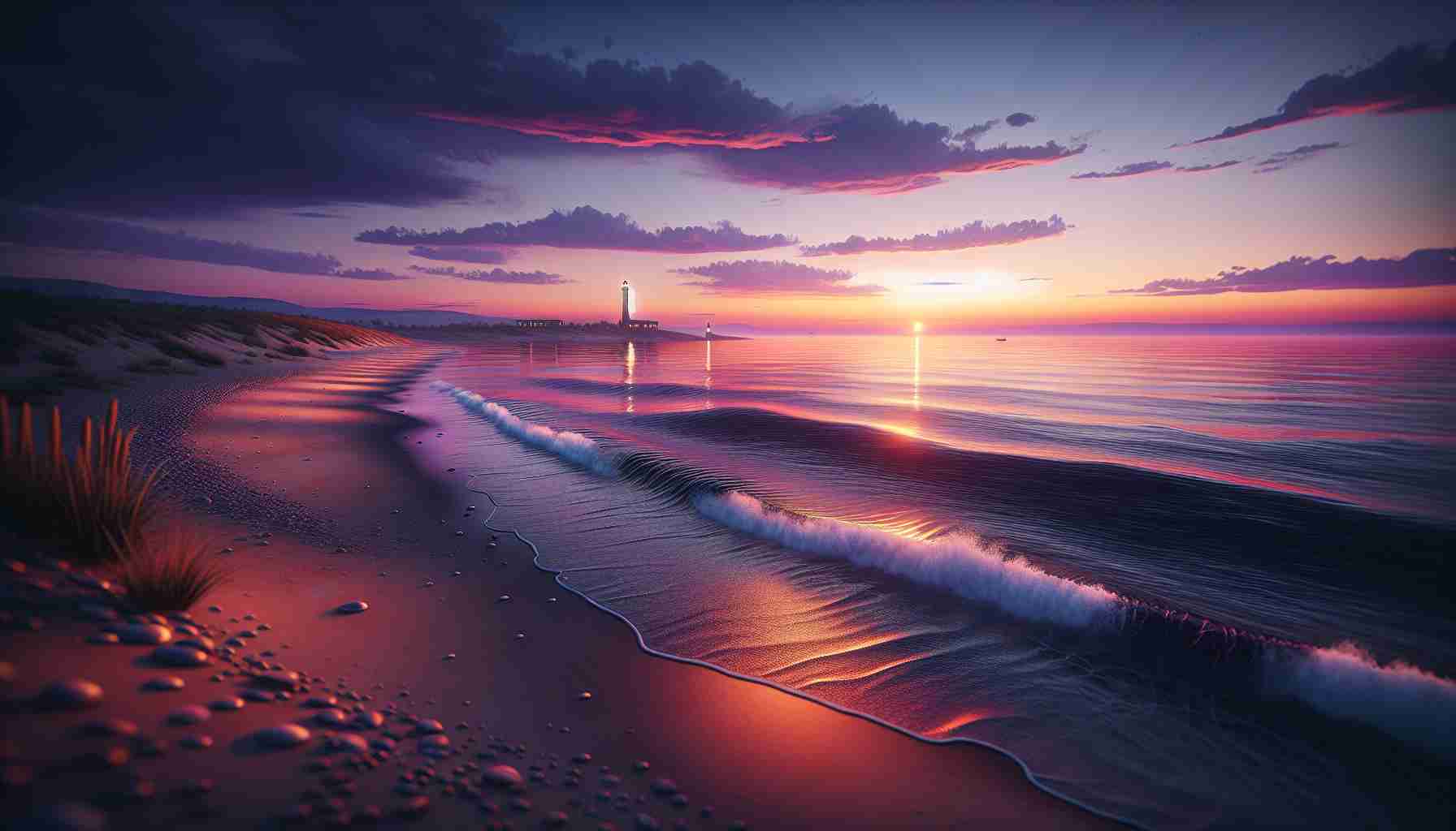 Realistic high-definition image of a peaceful sea during sunset with the sky painted with hues of orange, pink, and purple. The sea is calm with small waves gently lapping at the shore. A lighthouse stands tall in the near distance, with its light cutting through the dusk. In the foreground, the sandy beach is barely touched with a few scattered seashells noticeable.