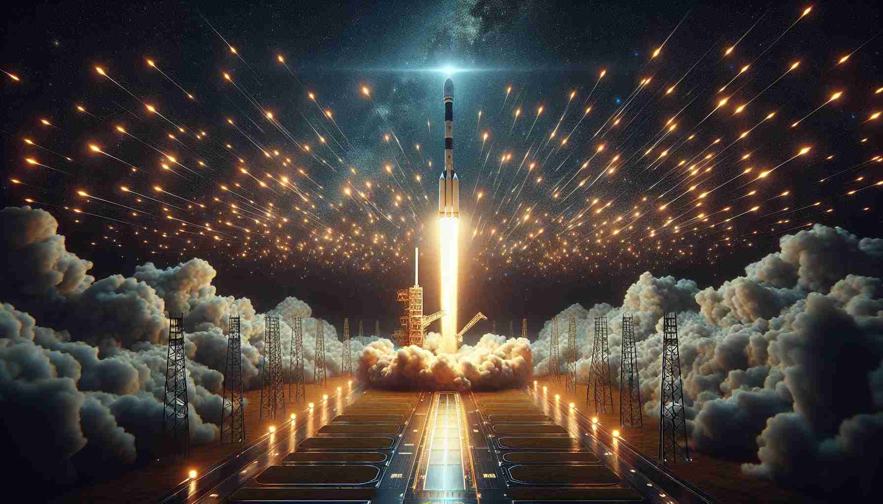 A highly realistic and high-definition illustration of a new satellite launch, symbolizing an exciting progress in the field of space connectivity. The scene should include the ground-based launch pad with roaring flames and billowing smoke, the streaking lights of the ascending rocket, a starlit night sky as backdrop, and the multitude of tiny satellites being released and slowly dispersing like a swarm of artificial stars.