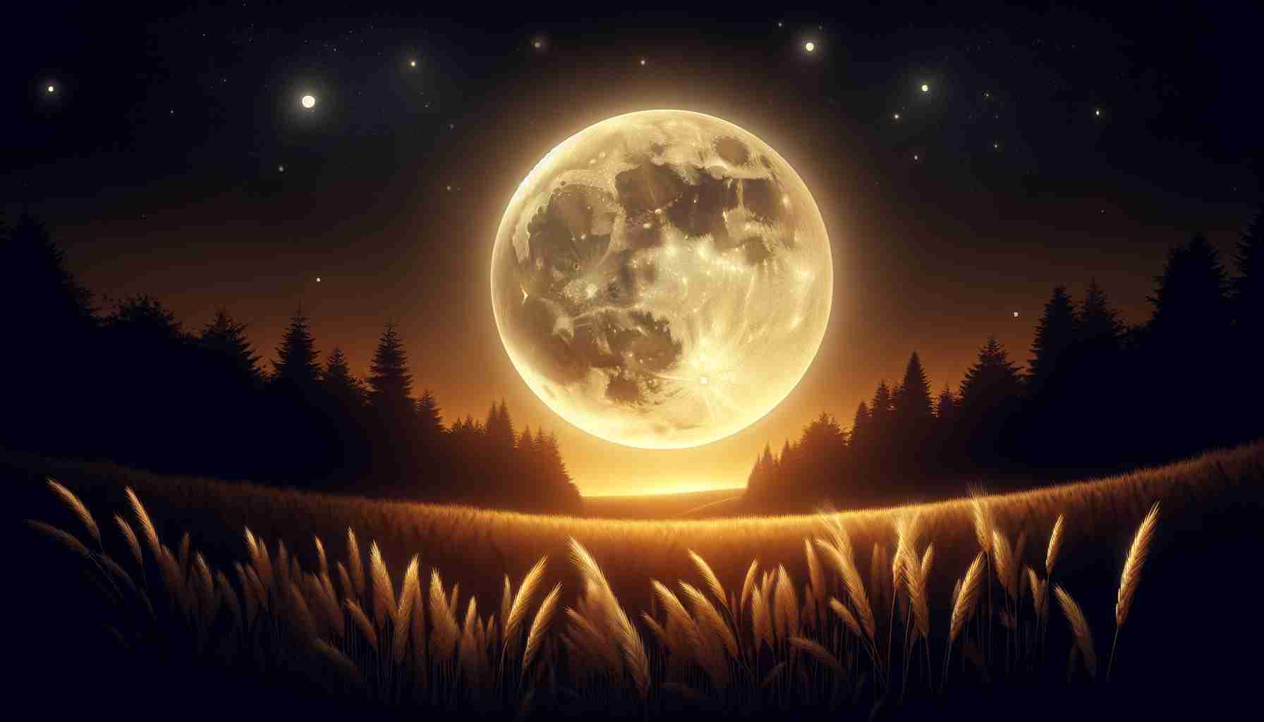 High definition, realistic illustration of the captivating glow of a harvest moon. The moon should appear large and brightly lit as it often does during the harvest season, casting subtle, whimsical light over a serene night landscape. The sky should portray the moon's soft golden hues, painting the scenery with soothing, warm undertones while maintaining a sense of mystery and tranquillity inherent in autumn nights. Let twinkling stars embellish the sky further, creating a captivating contrast against the luminosity of the harvest moon.