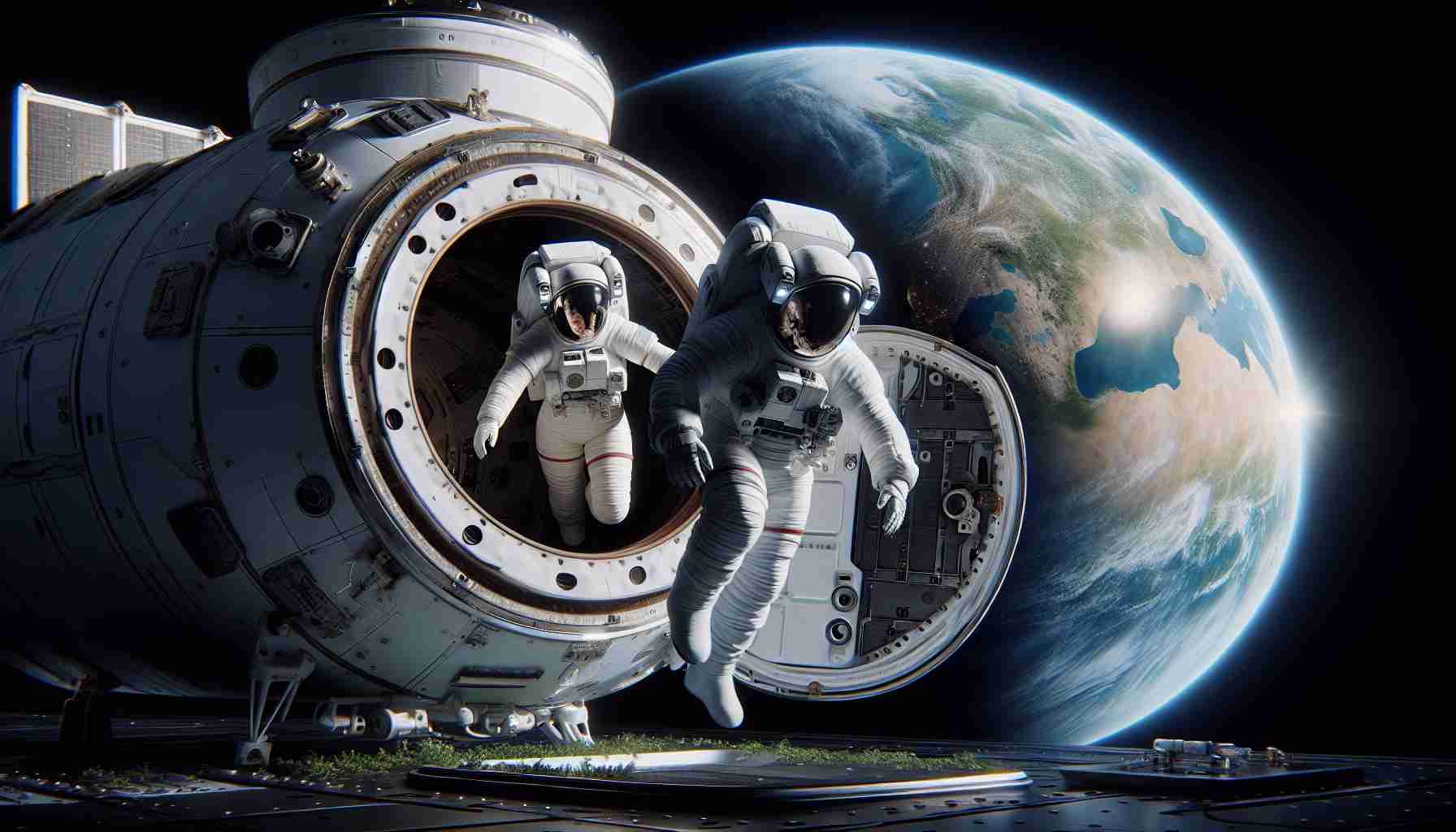 A realistic, high-definition image of astronauts successfully returning to planet Earth after an extended stay at an International Space Station. The scene depicts a Caucasian female astronaut and a Black male astronaut in their white space suits. They're exiting their spacecraft, their faces filled with excitement and relief. The Earth looms large and beautiful behind them, displaying shades of blue, green and white. The spacecraft, a capsule modeled in modern design, bears the evidence of the journey with scorches from re-entry.