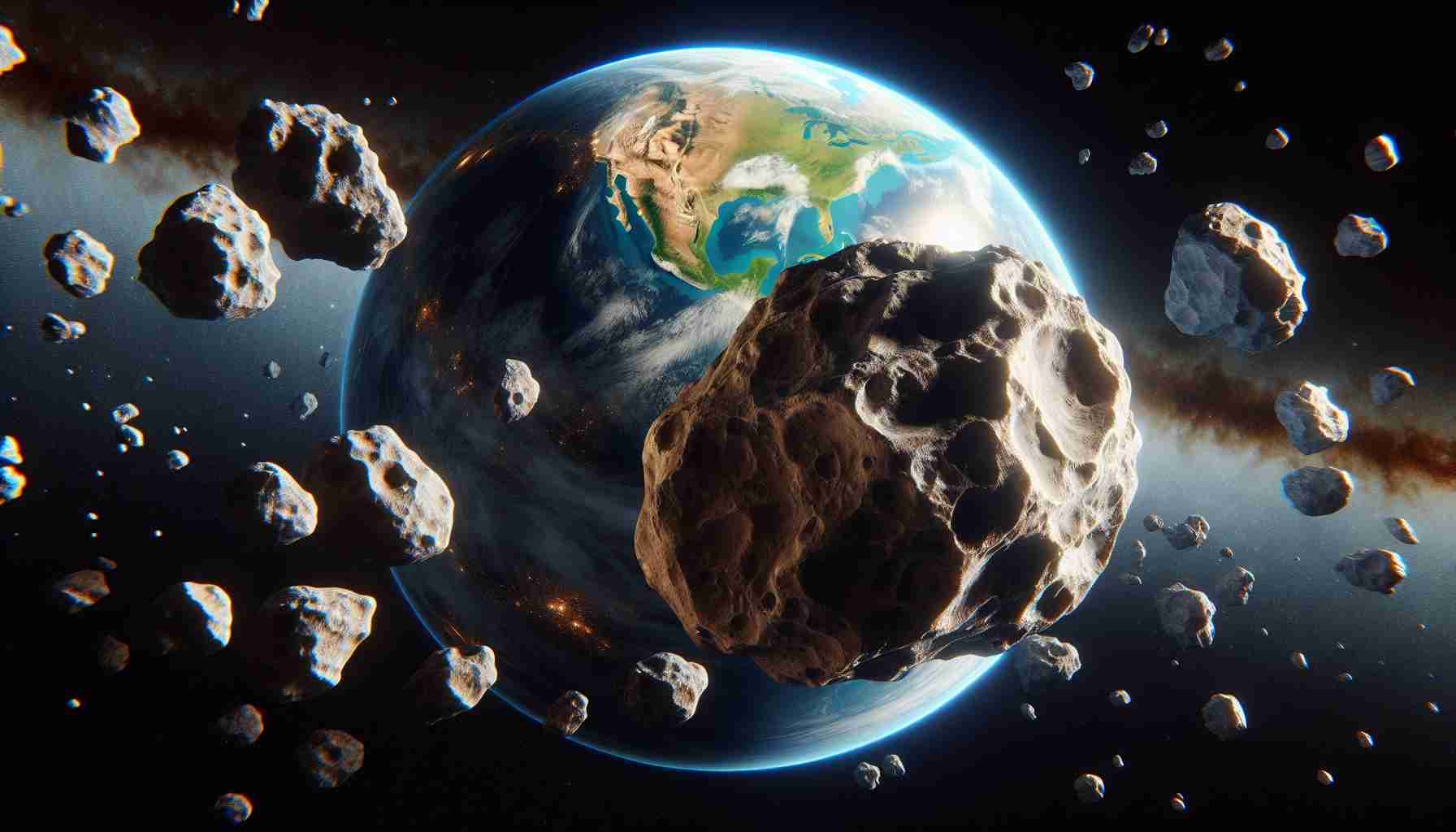 A high-definition, realistic representation of Earth as viewed from outer space. It's a close encounter situation, with massive asteroids moving perilously close to our planet. The asteroids are huge, rough-textured and seemingly lit from the side, reflecting off facets of their craggy surface. The Earth is depicted in naturalistic colors, vibrant blues of the oceans and clouds, contrasting with the brown and green landmasses. A sense of tension and awe fills the scene due to the immense scale and proximity of the asteroids.