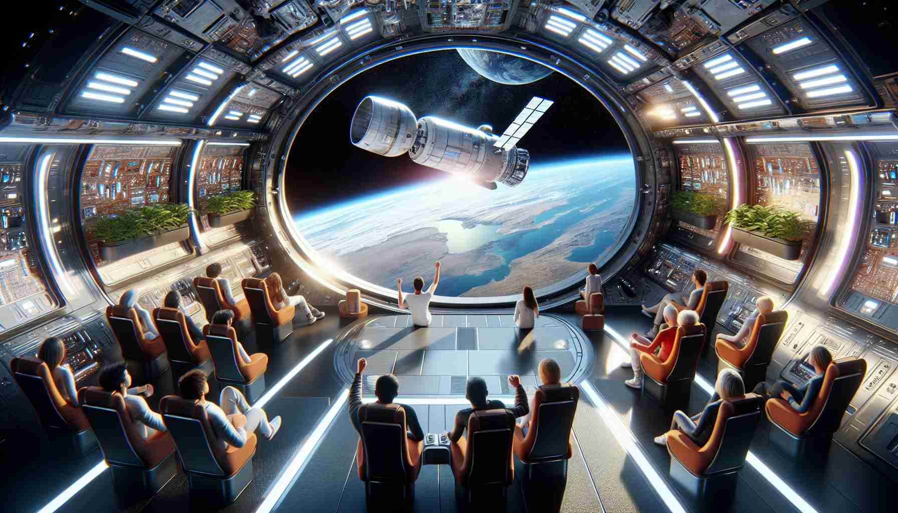 Realistic high-definition image of an exciting futuristic concept titled 'Revolutionizing Adventure'. The scene encapsulates a groundbreaking space tourist experience, envisioned to be launched in 2028. Display a spacecraft in the pristine black expanse of space, Earth visible in the distance. Illustrate the interior of the spacecraft to host luxurious amenities including large panoramic windows for an unrivaled view of the cosmos. Include thrilled tourists of different genders and descents, adorned in futuristic casual attire suitable for space travel, captivated by the extraordinary spectacle outside the spacecraft.