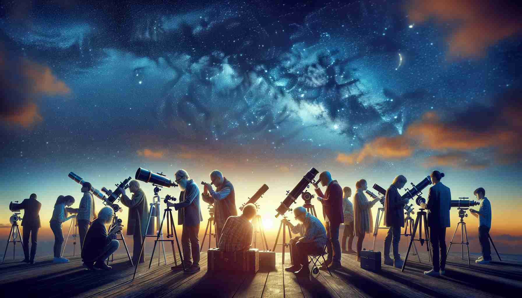 A high definition, realistic depiction of a group of stargazers eagerly preparing for a spectacular celestial show. It's an evening scene with the last light of the setting sun fading into twilight. A handful of individuals, an equal mix of both men and women of various descents including Caucasian, Hispanic, Black, Middle Eastern, and South Asian, are setting up telescopes and adjusting their lenses, their faces lit with anticipation. Above them, the sky is transitioning from its daytime blue to the dark of night, with the first few stars beginning to twinkle in the vast expanse of space.