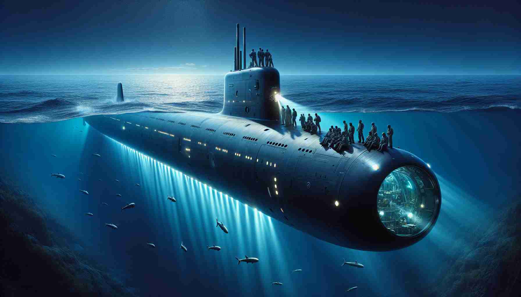 A realistic, high-definition still image capturing the essence of India's recent advancements in Ocean Exploration. The picture can depict an advanced, large-scale modern submarine made by Indian engineers. This submarine is slicing through the expansive, deep blue ocean, its bright lights illuminating the surrounding ocean and showcasing the hitherto unseen underwater biodiversity. Leaning over from the submarine's deck, a group of Indian scientists, both male and female, of various descents such as South Asian, Middle-Eastern, and Caucasian, are intensely observing the oceanic lifeforms. The vast ocean extends into the horizon, under a sky dotted with stars; hinting at the vastness of the unknown that lies both below and above us.