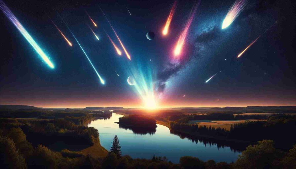 A high-definition, realistic image of an exciting celestial event unfolding in the night skies above a serene Wisconsin landscape. The event could be a colorful meteor shower, a rare alignment of planets, or a spectacular comet. The sky is filled with stars, and the awe-inspiring celestial phenomena light up the darkness, casting beautiful and unusual colors on the tranquil Wisconsin landscape beneath.