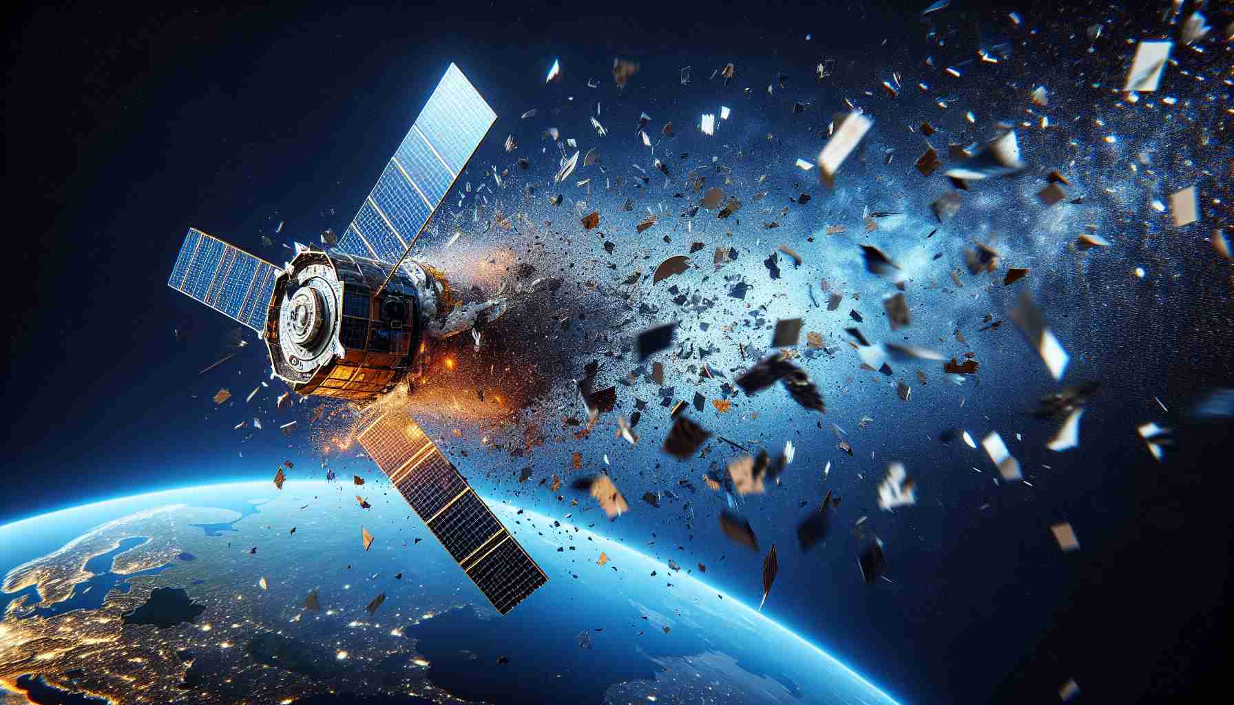 Vivid and detailed image of an astronomical catastrophe: a generic brand commercial satellite disintegrates while in orbit around the Earth. The high-definition image captures the satellite's pieces scattering through the infinite cosmos, against the backdrop of our blue planet and the black void of space.