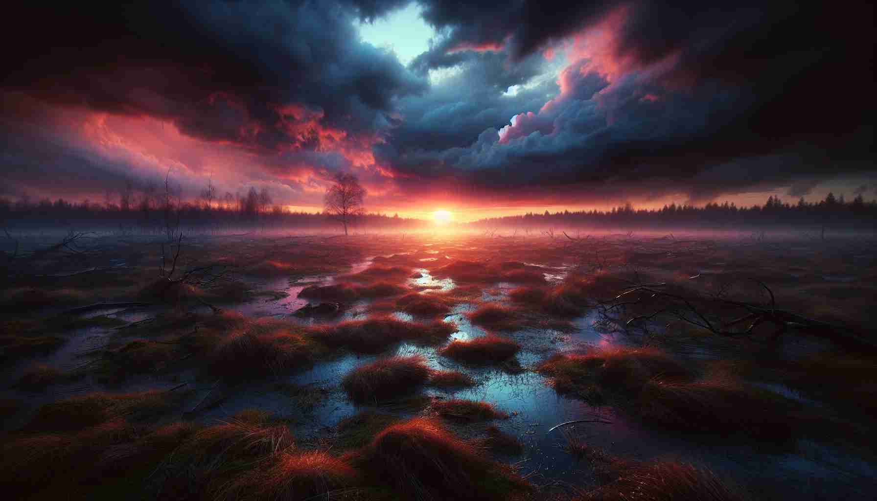 Generate a high-definition, realistic image representing a new dawn, where the sun is just starting to rise and pierce through the dark and gloomy remnants of a storm. The dawn sky should be a beautiful blend of pinks, oranges, and blues with clouds still thick in places, resembling an ongoing struggle between the fading storm and the approaching day. The landscape could be a mix of elements reflecting stormy weather such as a battered grassland, broken branches, and puddles on the ground, subtly highlighted by the soft dawn sunlight.