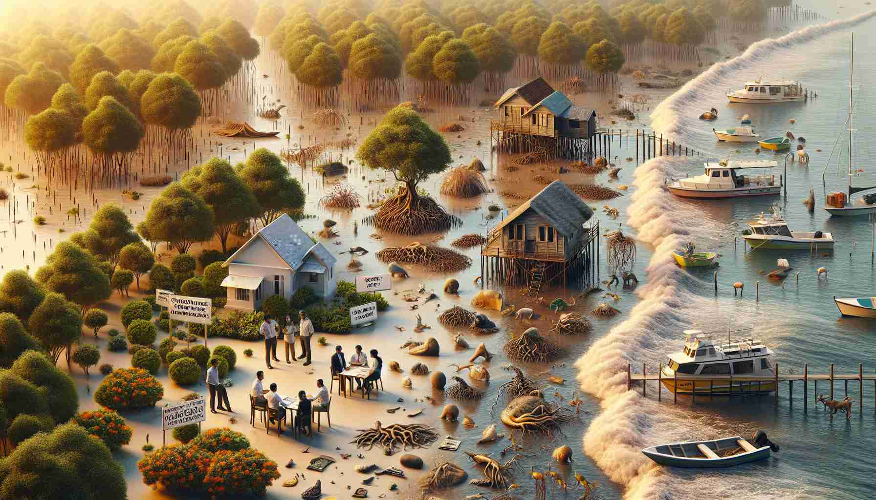 A detailed image visualizing the impact of climate change on coastal communities in a realistic manner, with a light emphasis on HD quality. The scene can feature rising ocean levels inundating local houses, destruction of local marine wildlife, and erosion of beautiful coastal landscapes. Also, exemplify the resistance, resilience, and adaptation of these communities through infrastructure changes, community meetings between men and women of diverse descents discussing mitigation strategies, and planting of mangroves for coastline protection.