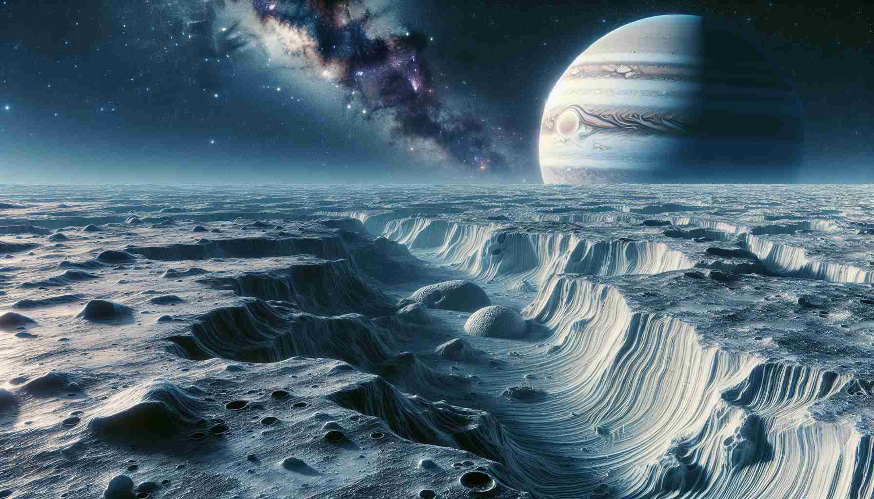 A realistic high definition image displaying the exploration of Europa, Jupiter's moon. Images should capture the icy landscape defined by ridges, cracks, and ice chunks, as well as a hint of Jupiter looming large in the star-studded background. It should suggest a sense of adventure, exploration and the deep mysteries that reside in the surface beneath the icy cover of the moon.