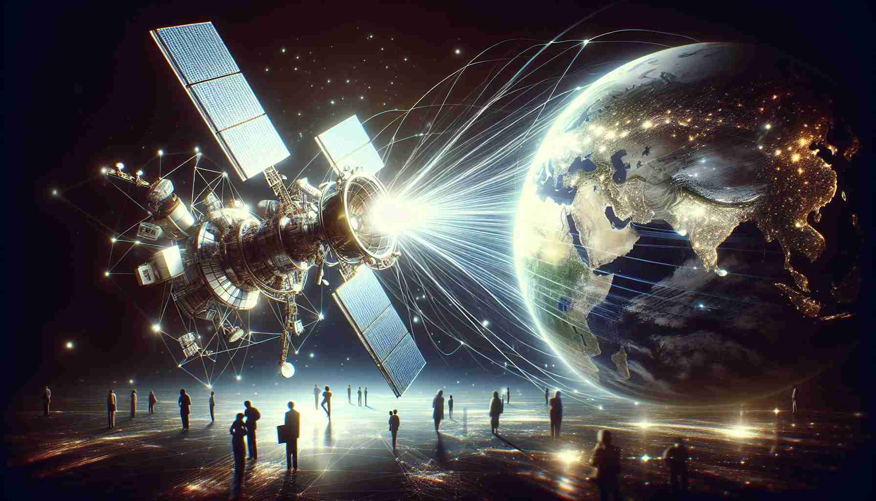 Generate a realistic, high-definition image showing the future of satellite internet connectivity. The scene might include a technologically advanced satellite with intricate detailing, streaming beams of light, representative of connectivity, towards Earth. A digital concept could be encompassing the planet, hinting at the global reach of this advanced technology. Also depict people around the world with varying racial backgrounds such as Asian, African, and Caucasian, all being connected by this technology, symbolizing its international scope and inclusiveness.