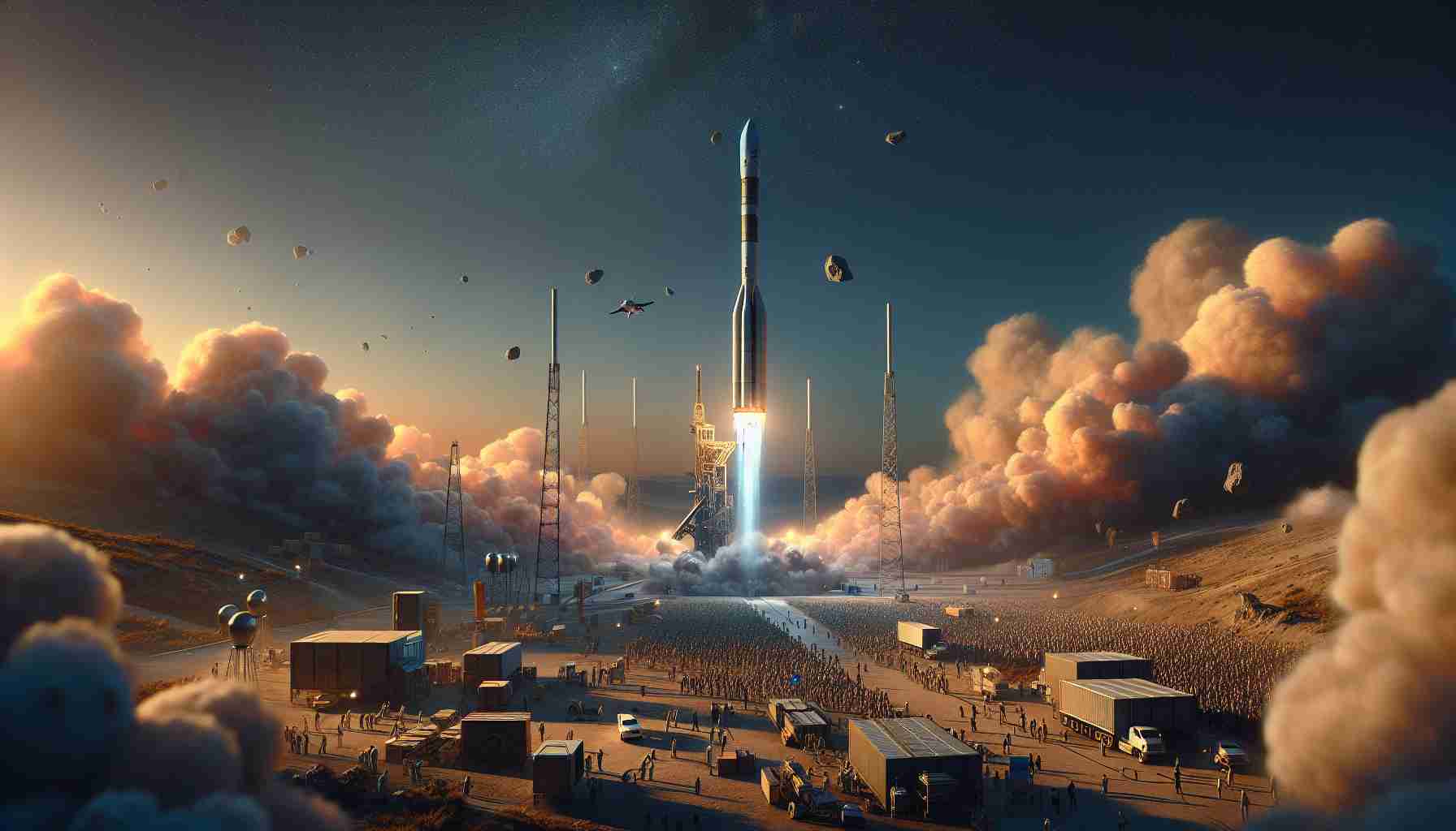 Detailed and high-definition representation of a new planetary defense mission's take-off. The scene captures the rocket ascending into the dusky sky, leaving behind it a trail of smoke. The foreground includes the busy and vibrant launch site filled with engineers and scientists, jubilantly observing their creation. In the background, you can see an artist's concept of a hazardously approaching asteroid, ostensibly the object of the mission's study.