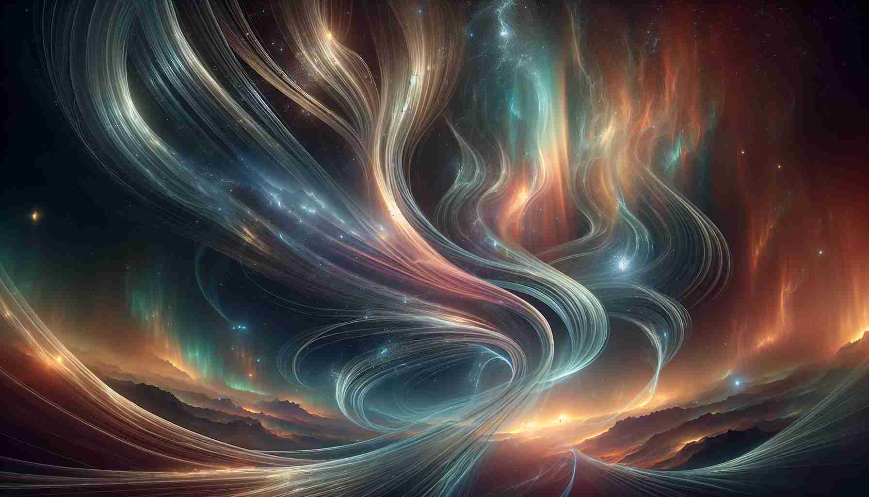 Realistic high-definition representation of an astral event depicting the enigmatic dance of celestial ribbons. Visualize this as tender streams of stardust twisting and twirling against the backdrop of a cosmic canvas. The ribbons should exude different hues, reflecting the diverse elements much like the Northern lights. Please, keep in mind a serene dark space background accentuated by distant stars and galaxies as these astronomical tendrils perform their mesmerizing ballet.