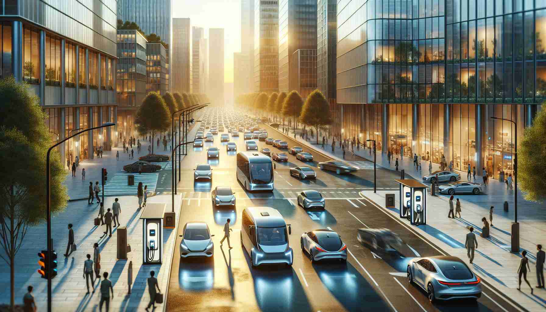 A realistic, high-definition image of increasing usage of electric vehicles in urban landscapes. The image portrays a bustling city street, bathed in the glow of late afternoon sun. The Urbanscape is populated by modern buildings with large glass windows reflecting the sky. The roads are teeming with electric cars of various shapes and colors, silent in their operation, and recharging stations dot the pavements. Pedestrians, of diverse genders and descendants, are walking on the sidewalks, some glancing at this transformation with curiosity and others with acceptance. The essence of progress, environment preservation, and the future of transportation vividly captured.