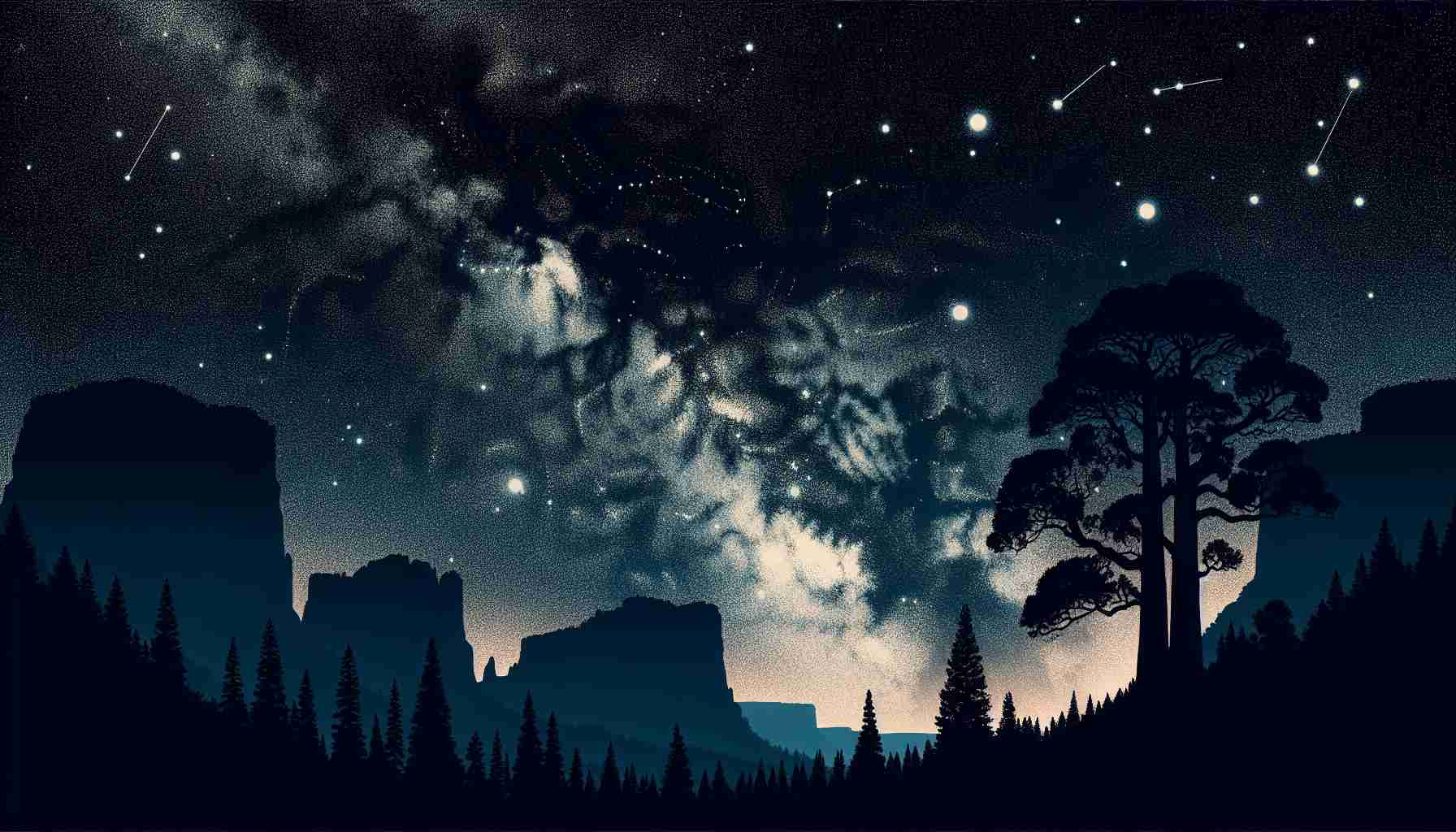 Detailed and realistic illustration of a stunning night sky observed in October from the best viewing locations in the U.S. The image will portray the sky brimming with stars, possibly featuring a galaxy or constellation easily visible during that month. The foreground might include silhouettes of iconic landscapes characteristic of the U.S., such as towering redwood trees, grand canyon formations, or serene lake scenes.