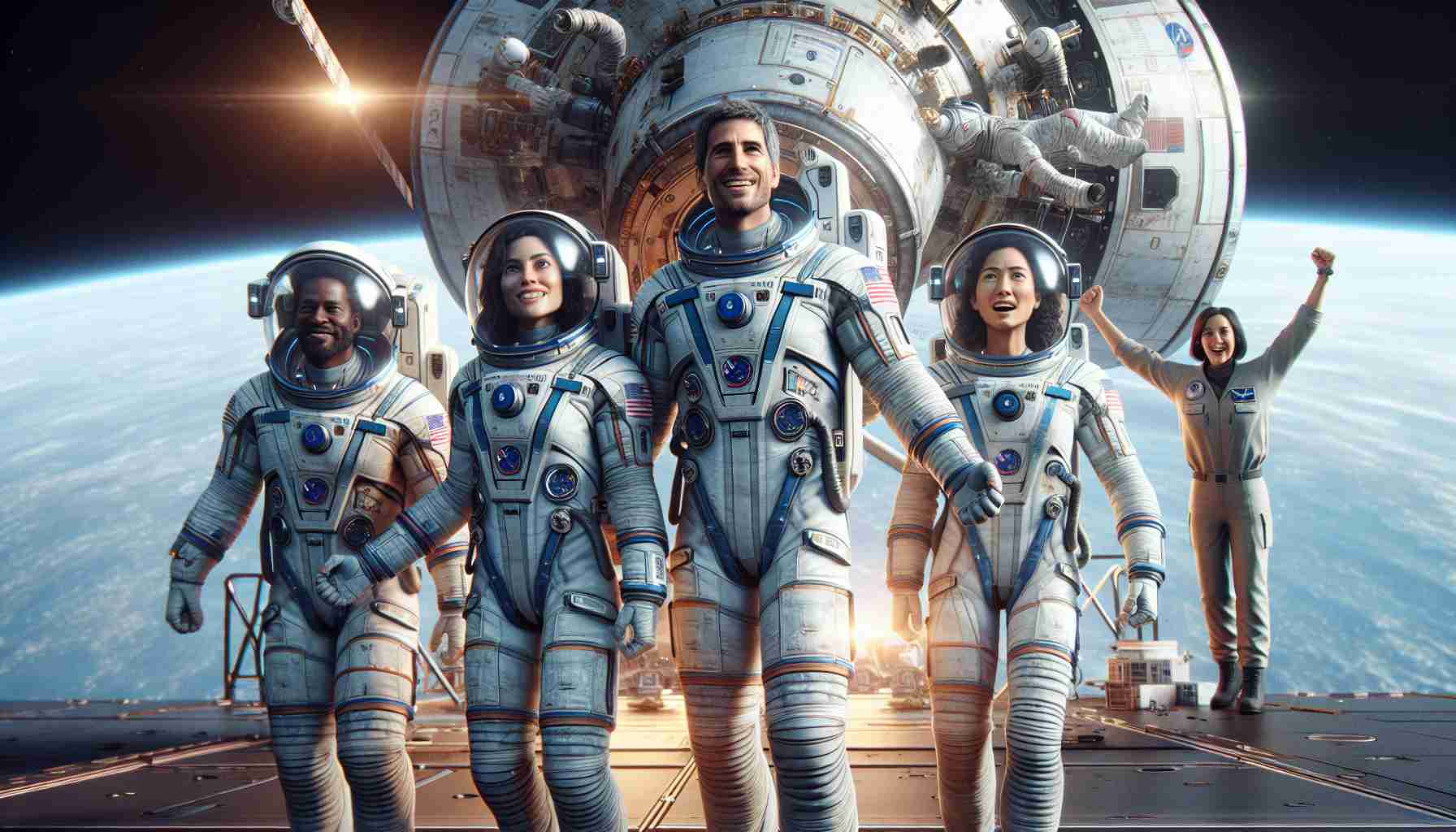 High-definition, realistic portrayal of astronauts from the fictional Crew-8 mission successfully returning after a long-duration journey in space. The image includes a Caucasian female astronaut, a Hispanic male astronaut, a South Asian male astronaut and a Middle-Eastern female astronaut. They are all wearing modern, elaborate space suits and are expressing joy and relief. Their spacecraft, noticeably weathered from the long journey, is in the background offering a stark contrast to the clear and bright Earth sky behind it. To the side, mission control personnel of varied gender and descent are celebrating the successful return.