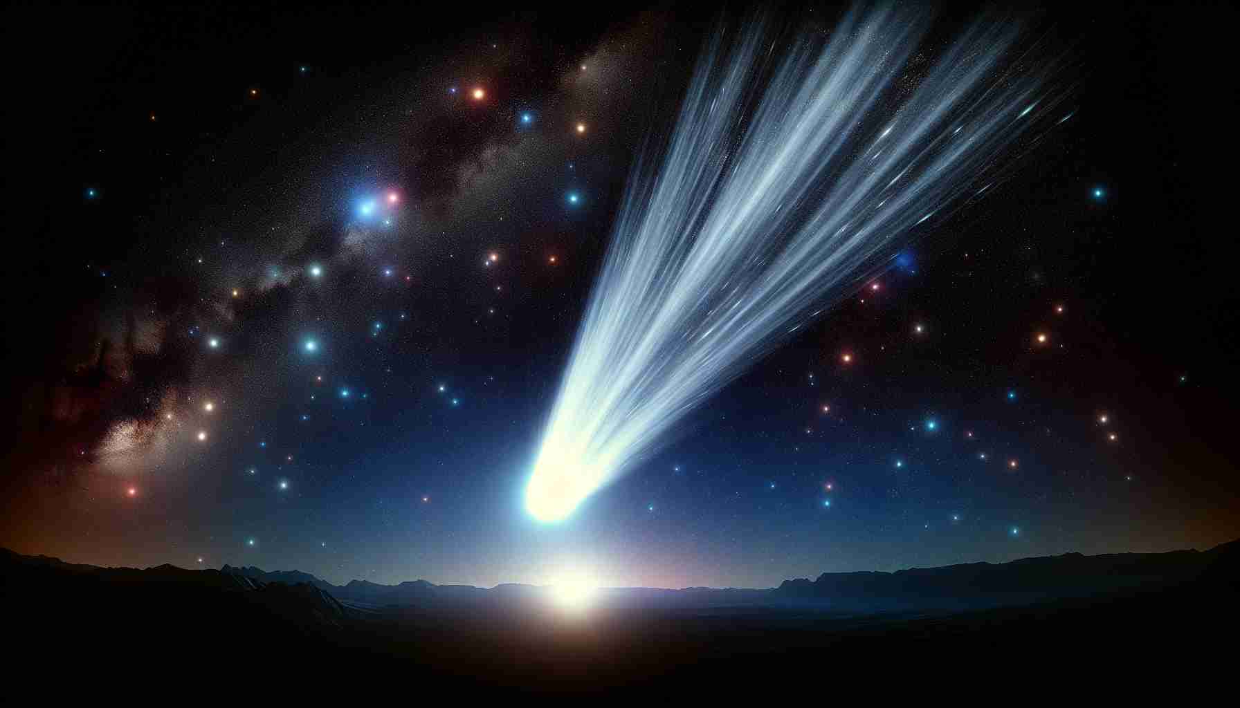 Generate a realistic, high-definition depiction of Comet A3 as it illuminates the night sky. The celestial object's trail should be vibrant and captivating, extending across the sky boldly. Discernable stars and galaxies should also be visible in the background, showcasing the vastness of the cosmos. The landscape at the bottom should be in shadowy silhouette form, further accentuating the comet's brightness. The comet itself should be realistically portrayed, complete with a glowing nucleus and an extensive, dazzling coma and tail.