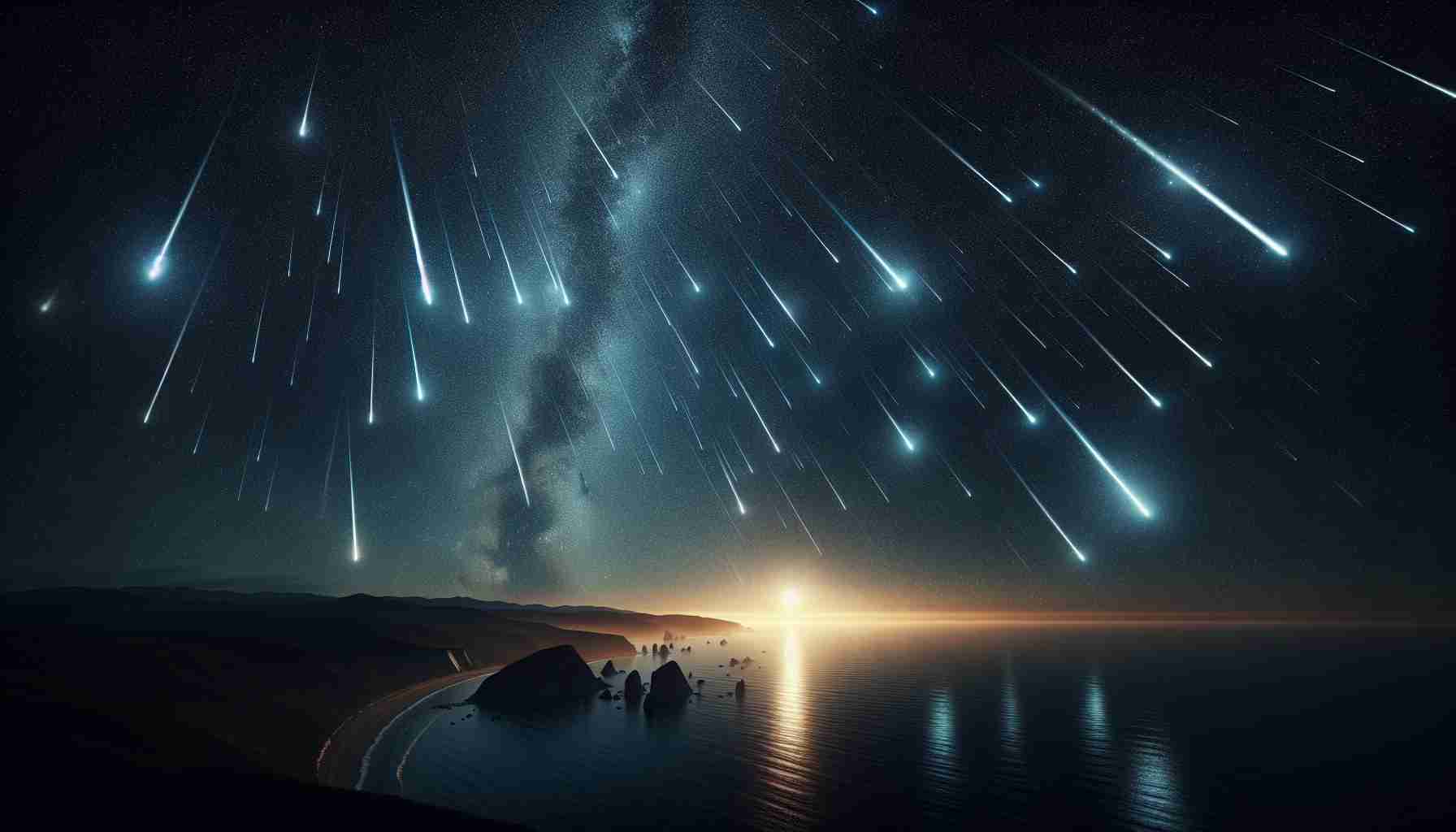 A high-definition, realistic image of a spectacular meteor shower lighting up the night sky. This celestial event is captivating stargazers along the eastern coastline. The meteor shower is defined by brilliant streaks of light streaking across the star-filled backdrop, each shooting star leaving a hint of trail behind. The coast below plays a minor but significant role, its silhouetted landscape provides a beautiful contrast against the vibrant play of lights in the sky. The overall ambiance is one of serene awe, the kind that only comes with witnessing such a notable celestial phenomenon.