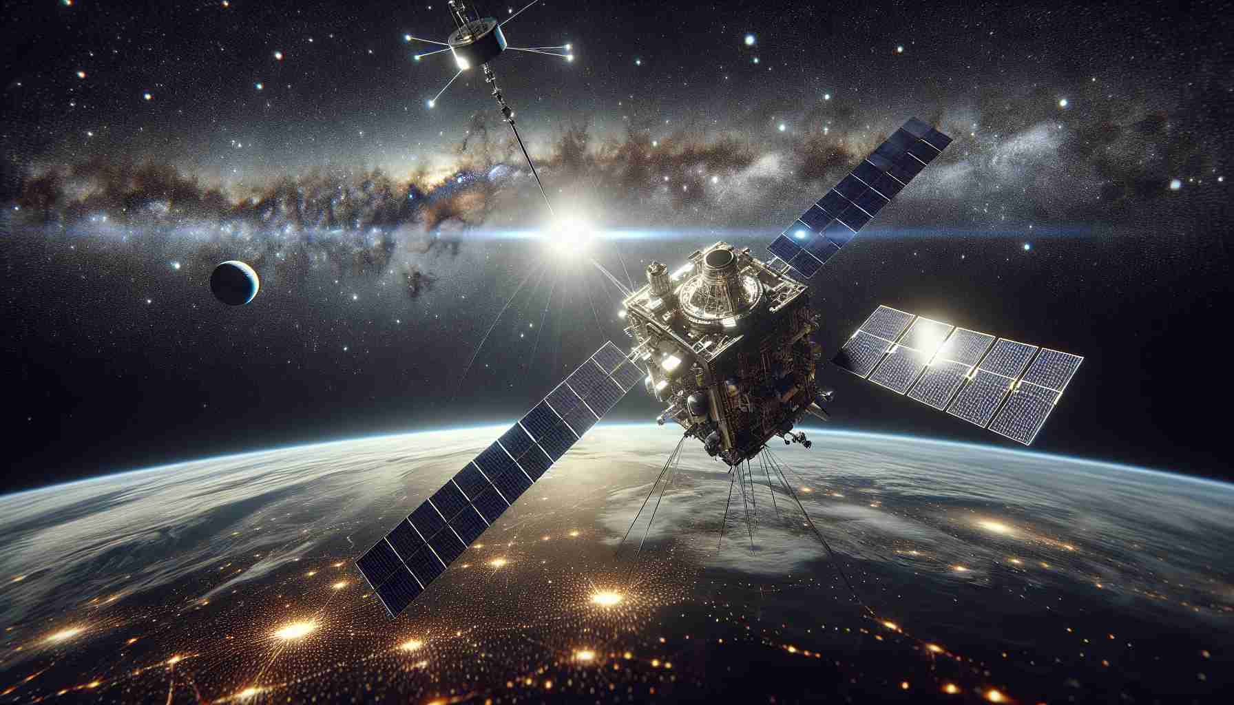 High-definition, photorealistic image showing a significant milestone in satellite deployment, thereby revolutionizing connectivity. The scene is centered on the deployment of a modern satellite from a space vessel in the vast expanse of outer space. The satellite represents advanced technology, with intricate details depicting its numerous antennas and solar panels. The backdrop reveals distant galaxies, constellations, and the curvature of the Earth far in the horizon, symbolizing the revolutionary reach of modern connectivity. The rays of the sun peek from behind our planet, illuminating the satellite and adding a glow to the cosmic scene.