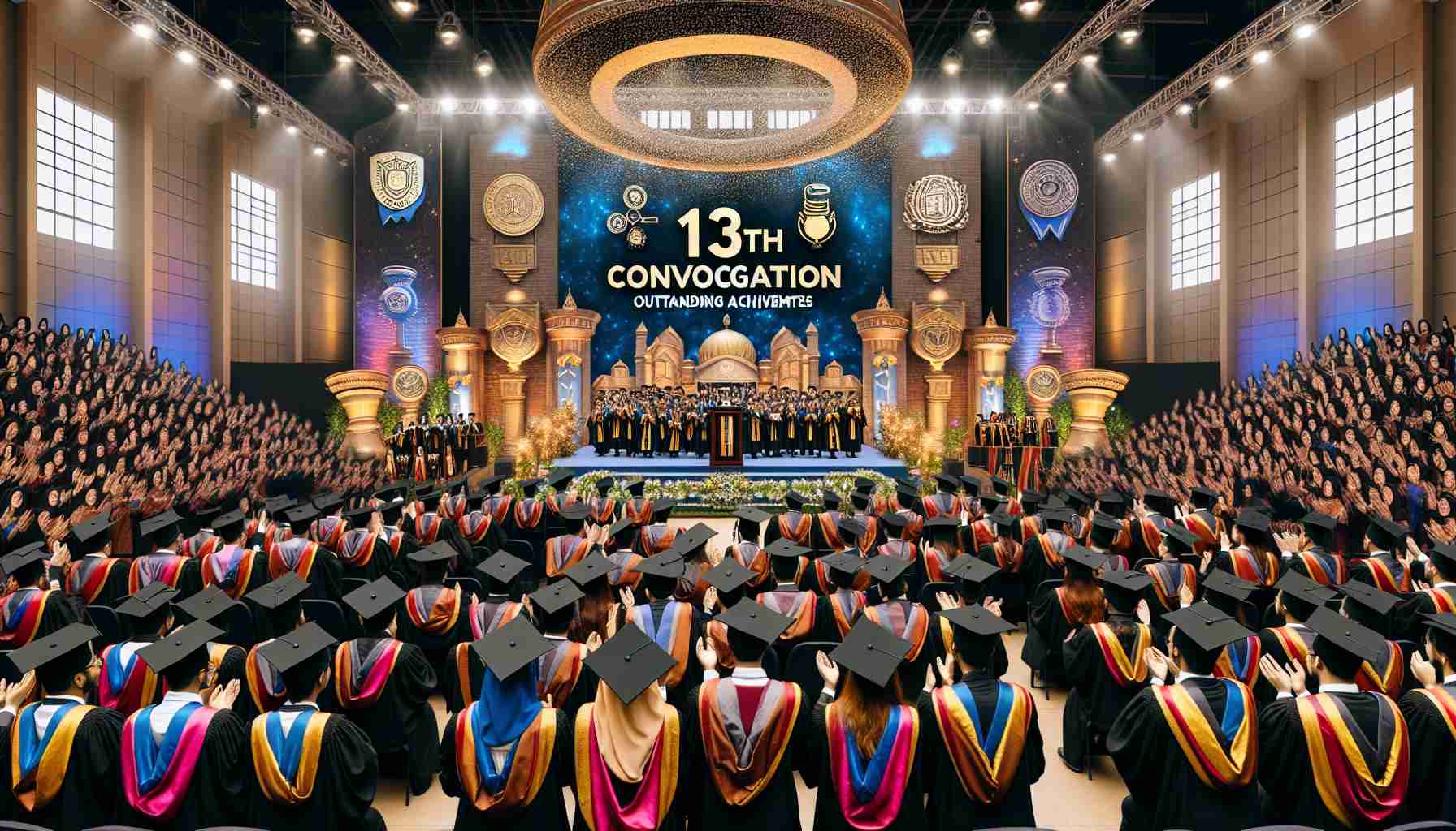 Generate a realistic high-definition image of a vibrant, lively celebration of outstanding achievements at a 13th convocation ceremony at an esteemed tech-based university. The setting is filled with academic regalia, award trophies, and happy graduates in graduation robes and caps, congratulating each other. The backdrop of the celebration is embellished with banners showing '13th Convocation' and 'Outstanding Achievements'. The atmosphere is teeming with joy, pride, and accomplishment.