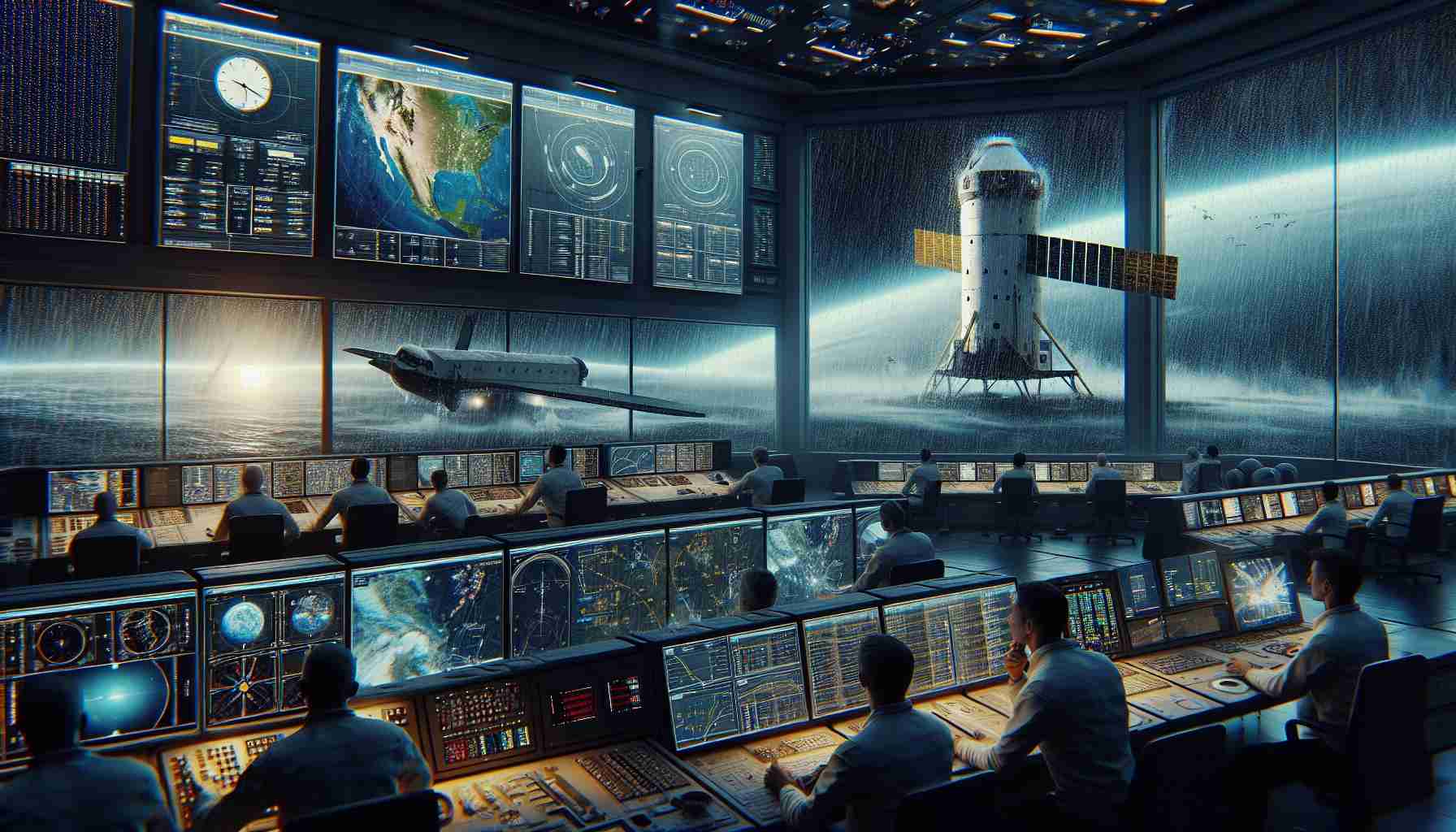 High definition realistic image depicting the scenario of the SpaceX Crew-8 Mission experiencing a weather delay for its return journey. Capture the anxious atmosphere in the mission control room, filled with technology and screens displaying data and weather maps, with engineers and scientists anxiously monitoring the situation. Leave the spacecraft in the distance in the backdrop, visible through a window, and heavy storm clouds gathering around it.