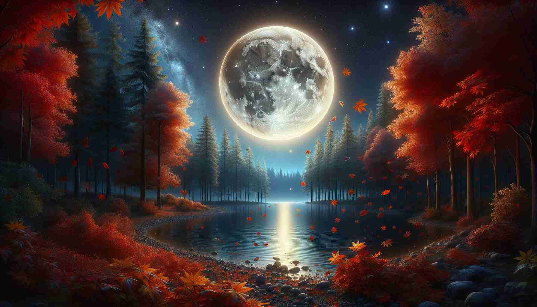 Realistic high-definition image showcasing the phenomenon known as the 'Enchanting Autumn Moon.' The moon should be large and center stage, bathing the surroundings in its bewitching glow. The clear night sky serves as a velvety background, sprinkled with far-off stars. Autumn leaves in hues of orange, red and brown dance in the cool breeze, creating an ethereal atmosphere. Elements of nature such as a lake or a forest can be included in the scenery. Please capture the essence of the tranquil, autumnal night mesmerized by the moonlight.