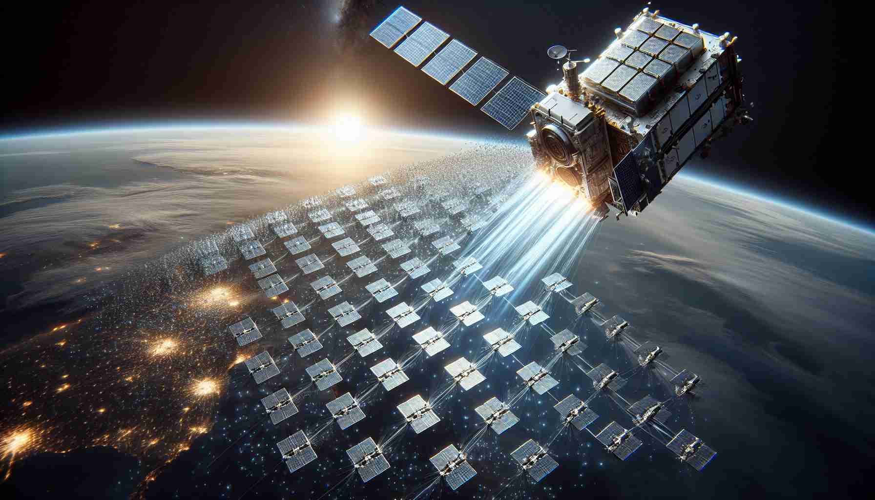 A highly-detailed, realistic image portraying the revolution of Internet connectivity through a satellite-based program, with a modern spacecraft releasing compact satellites forming a grid arrangement in space. The atmosphere of the Earth is visible in the background, appearing serene and beautiful. The satellites, characterized by their flat, rectangular design are abundant, symbolizing the boundless connectivity that this technology promises. The image emphasizes the contrast between the immense vastness of space and the meticulous structure introduced by this program.