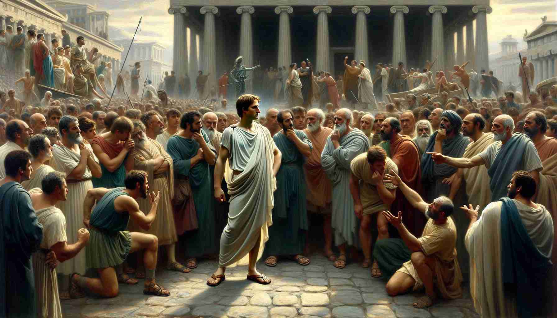 Create a high-definition, realistic painting inspired by scenes from ancient Greece showcasing a dramatic moment. It's a crucial decision-making scene, depicting an everyday Greek citizen, possibly standing in the central square of a bustling city-state. He's clearly in turmoil, his body language showing his contemplation and hesitancy. The rest of the scene includes diverse people from various walks of life, whispering and pointing, their faces painted with an array of emotions reflecting the controversial nature of the situation. This image should resonate with the gravity of consequences that hinge on a single decision.