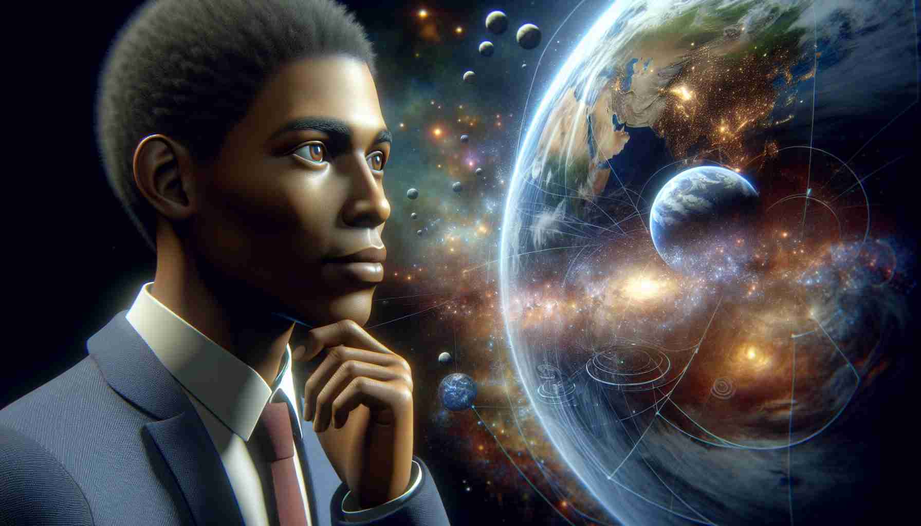 A realistic high-definition illustration of a forward-thinking entrepreneur with features similar to a South African descent man, gazing into the distance beyond Earth. His face is filled with anticipation, displaying an envisage of a future interplanetary civilization. His surroundings consist of cosmic elements; distant stars, galaxies, and potential extraterrestrial habitats, creating a visionary exploration scene.