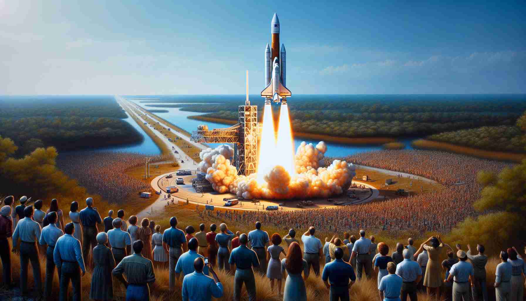 A highly detailed, realistic depiction of a thrilling scene in Volusia County. A rocket is being launched into the clear blue sky, carrying with it the hopes and ambitions of humanity. Amidst the backdrop of the Floridian landscape, spectators of varied descents and genders watch in a blend of awe and tension. The fiery propulsion of the rocket illuminates their faces with a mesmerizing orange glow. The scene captures the perfect fusion of technology and raw nature, reminding us of the futuristic times we live in.