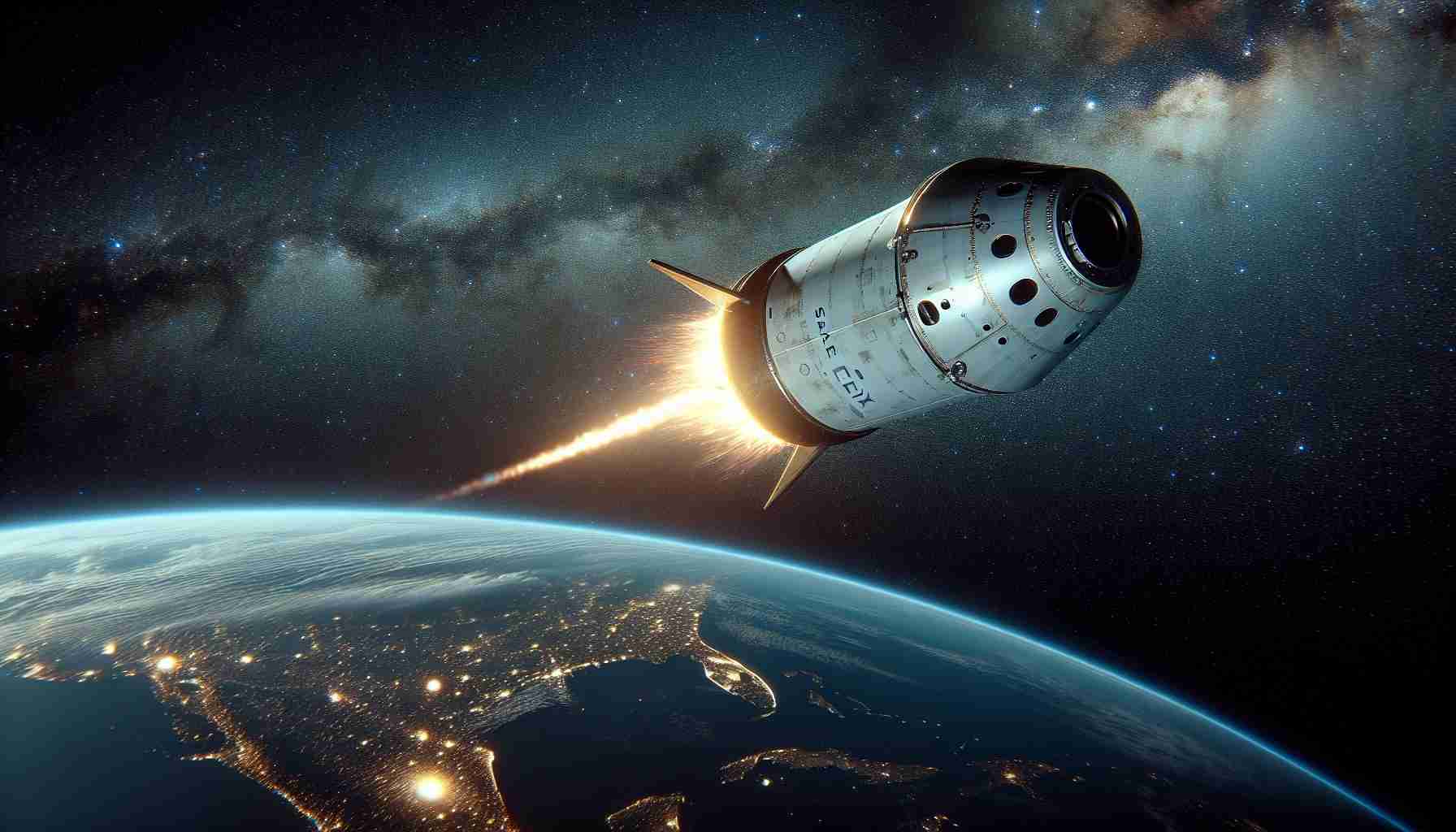 Generate a high definition, realistic image of a SpaceX capsule. The scene depicts the craft's safe return from the International Space Station. It journeyed through the vastness of outer space, decorated with countless stars and distant galaxies. As it descends, the Earth's atmospheric friction causes the capsule to ignite with streaks of fire, while the blue and green colors of our planet radiate beneath. The craft is inching closer to re-entry, signalling a successful mission.