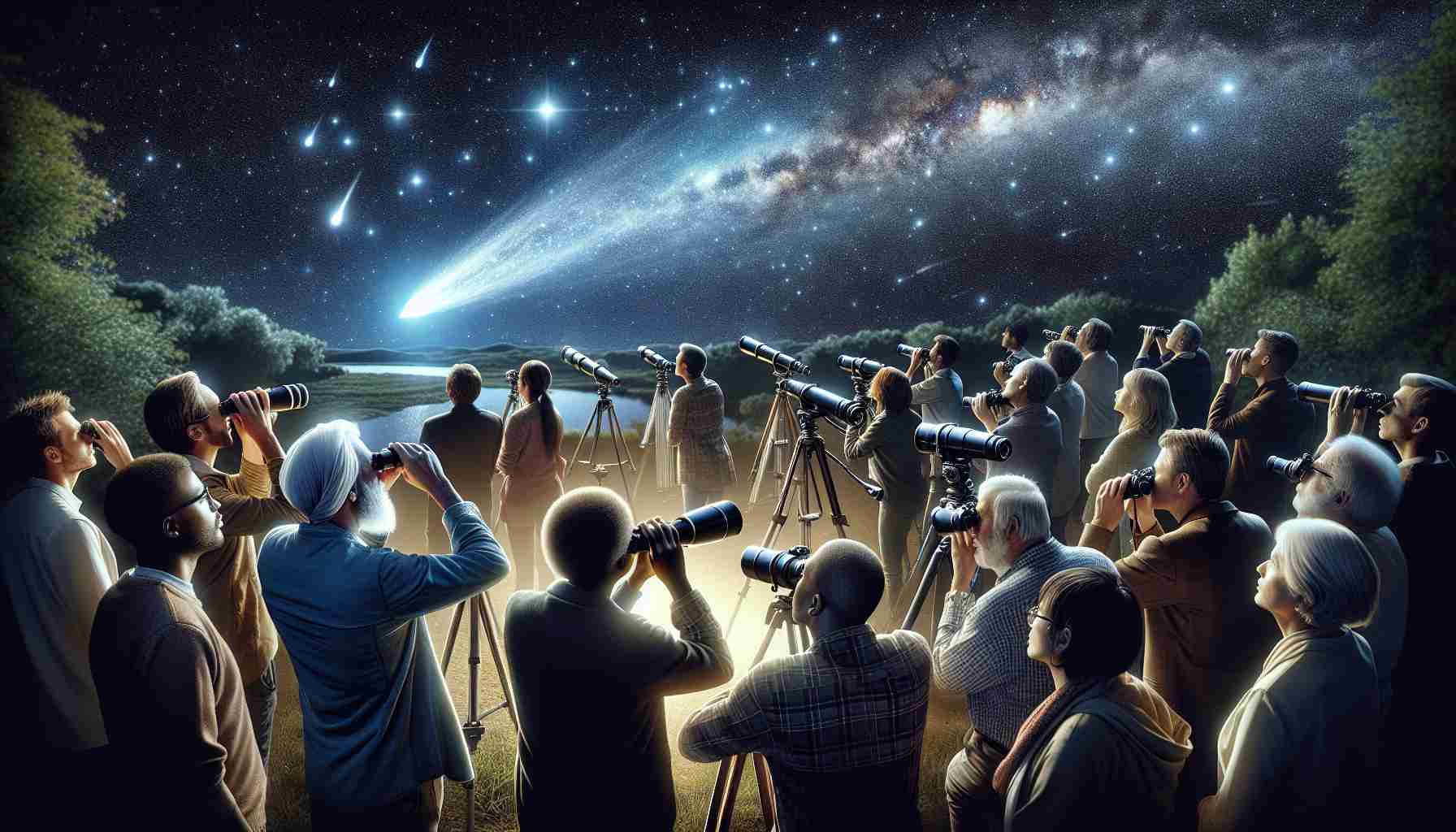 A highly detailed, realistic image capturing a group of stargazers, both men and women of diverse descents such as Caucasian, Hispanic, Black, Middle-Eastern and South Asian, all engrossed and in awe as they witness a rare celestial event. This breathtaking occurrence in the night sky is presumably a comet or a rare astronomical phenomenon, lighting up the vast expanse with its radiant glow. The observers are equipped with telescopes, binoculars, and other stargazing tools enhancing their viewing experience as they stand in a picturesque outdoor setting under the majestic canopy of the starlit sky.