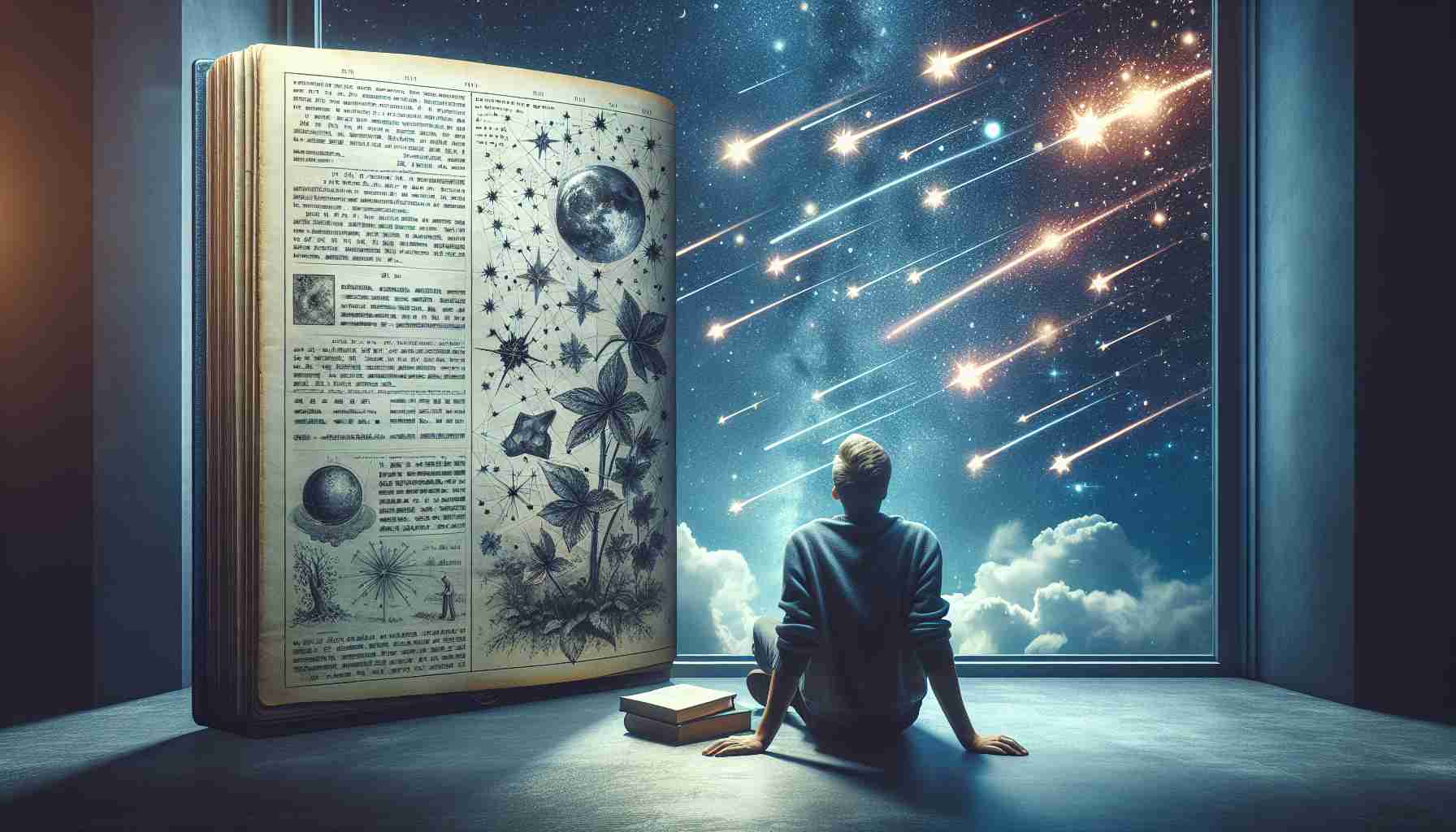 A high definition, realistic image representing the curiosity about shooting stars. This could be portrayed through an open book with detailed illustrations and explanations about shooting stars, where one page is dedicated to the scientific description including its formation and nature. The other page includes myths, legends or folklore attached to these celestial bodies from different cultures around the world. In the background, there is a transparent window reflecting a star-lit night sky with multiple shooting stars visible, as if a person sitting near that window is wondering about those mysterious celestial objects.