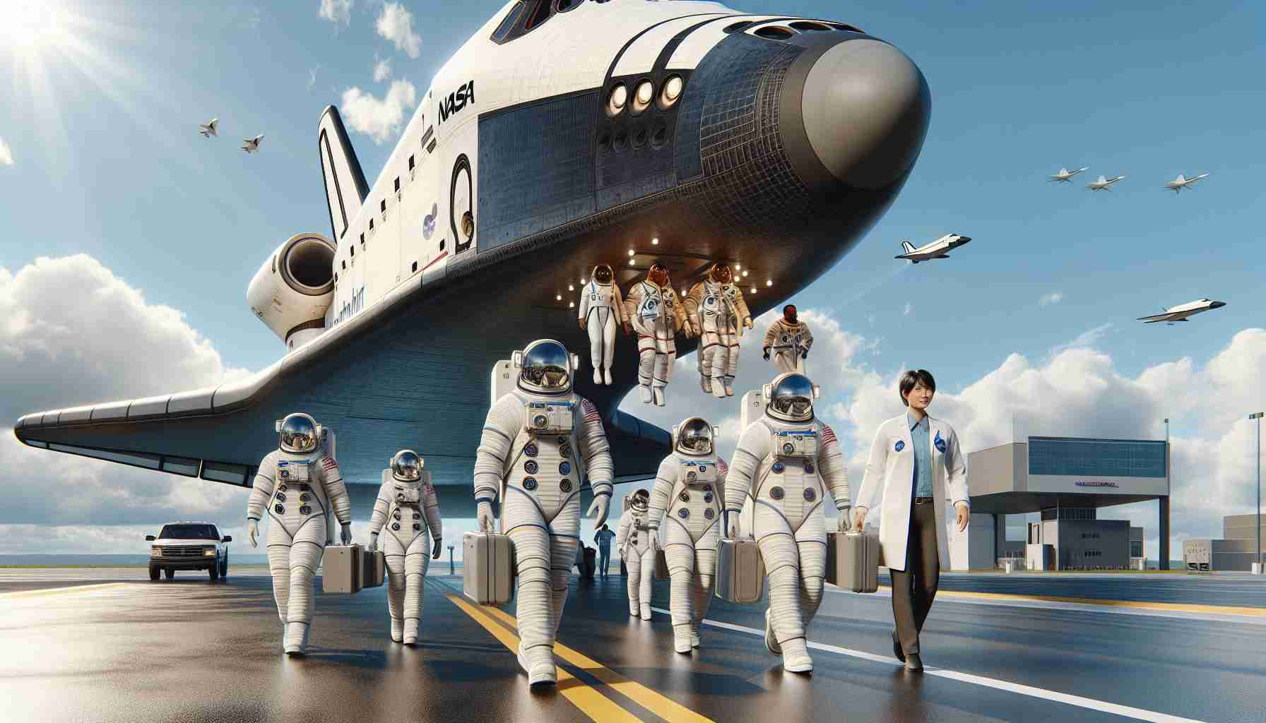 An HD realistic image depicting a scene where astronauts are returning to Earth following their medical evaluations. Picture this: a sleek space shuttle gently landing on a landing pad under a bright, blue sky. On the side of the shuttle, the word 'NASA' is clearly visible. At the exit of the spacecraft, two astronauts, one Hispanic female and one Black male, both in their impeccable white space suits, are stepping down with Auspicious smiles. A team consisting of a South Asian female medical officer and a white male physician is near the shuttle, ready to perform post-flight medical evaluations.