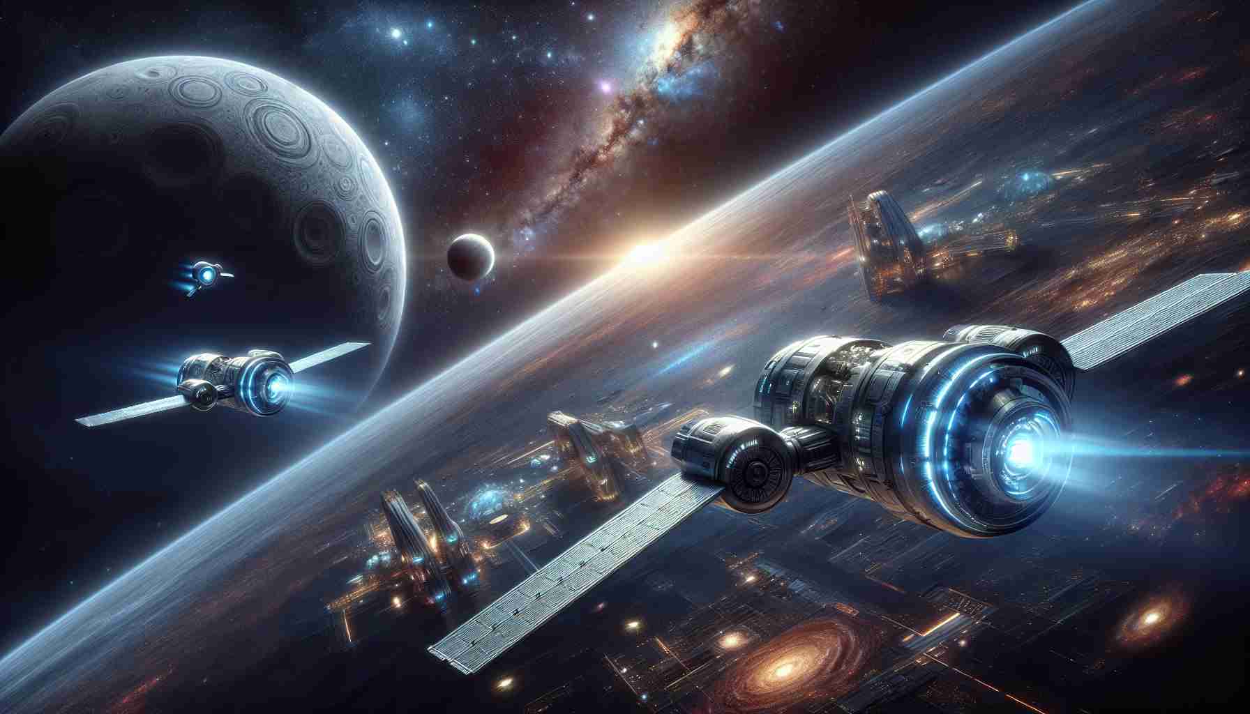 A high-definition, realistic image of a futuristic space exploration scene, conceptualizing China's vision. It features advanced, sleek spacecrafts traversing through the vast emptiness of space, maneuvering around looming planets and distant stars. Imagine these spacecrafts equipped with cutting-edge technology, glowing subtly in the darkness of space. The background shows the beautifully textured surfaces of alien planets and the cosmic nebulae in stunning hues. The entire artwork aims to represent China's drive and ambition towards space exploration in the future.