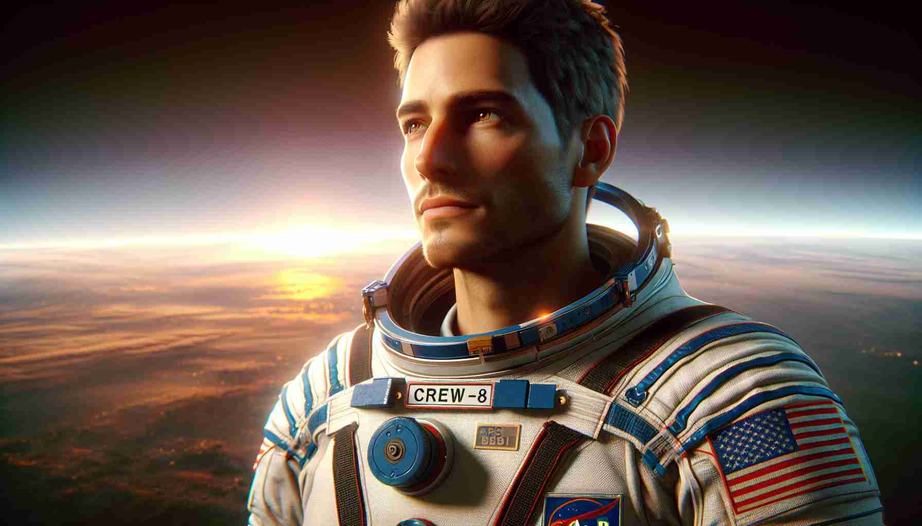 High definition, realistic image of an astronaut with a uniform displaying the tag 'Crew-8' standing on Earth after a safe return from space. The astronaut should be Caucasian male. He gazes towards the sky, reflecting on his journey. The background depicts a warm sunrise, symbolizing his safe return home. There should be a sense of wonder in his eyes, a testament to his profound journey through the cosmos.