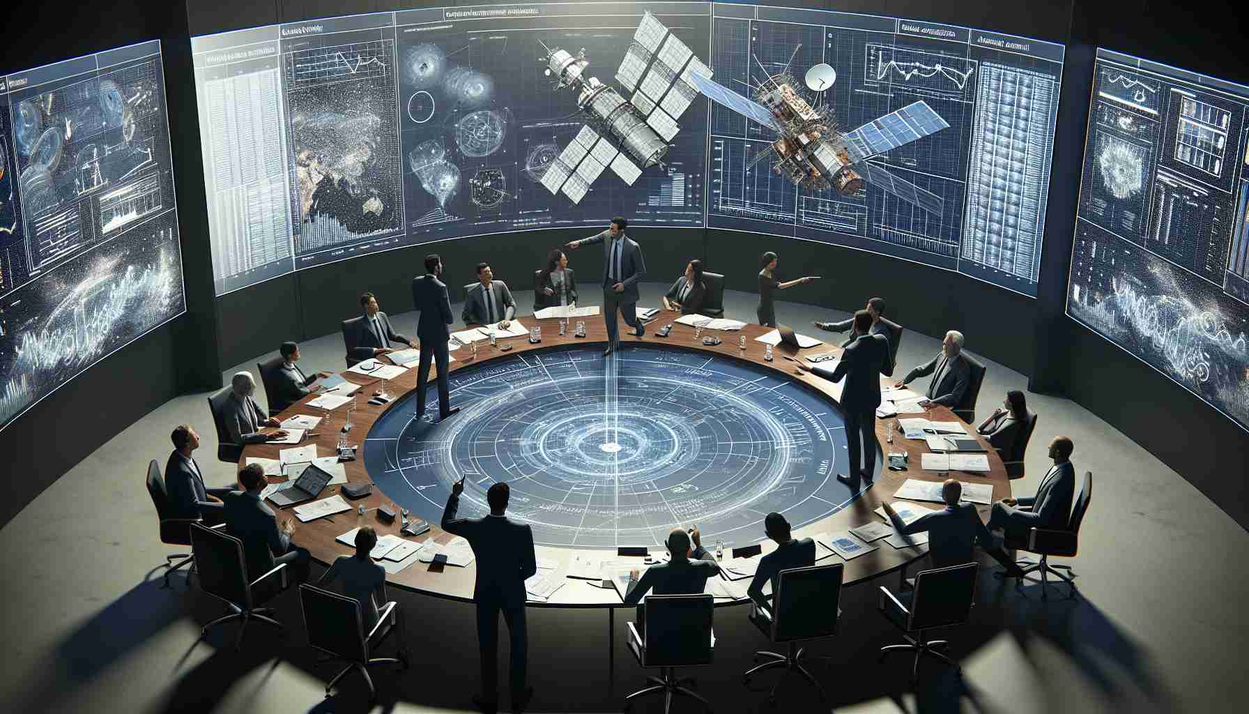 A photorealistic, high-definition rendering of a debate scenario unfolding in an academic or industry setting. The central topic is the novel approach to satellite spectrum allocation. Participants are a diverse group including, but not limited to, representatives of telecommunication companies, satellite developers, and policy makers. Key visual elements include a large conference table strewn with blueprints of satellites and frequency allocation charts, with individuals engaged in animated discussion, pointing towards charts or technical documents.