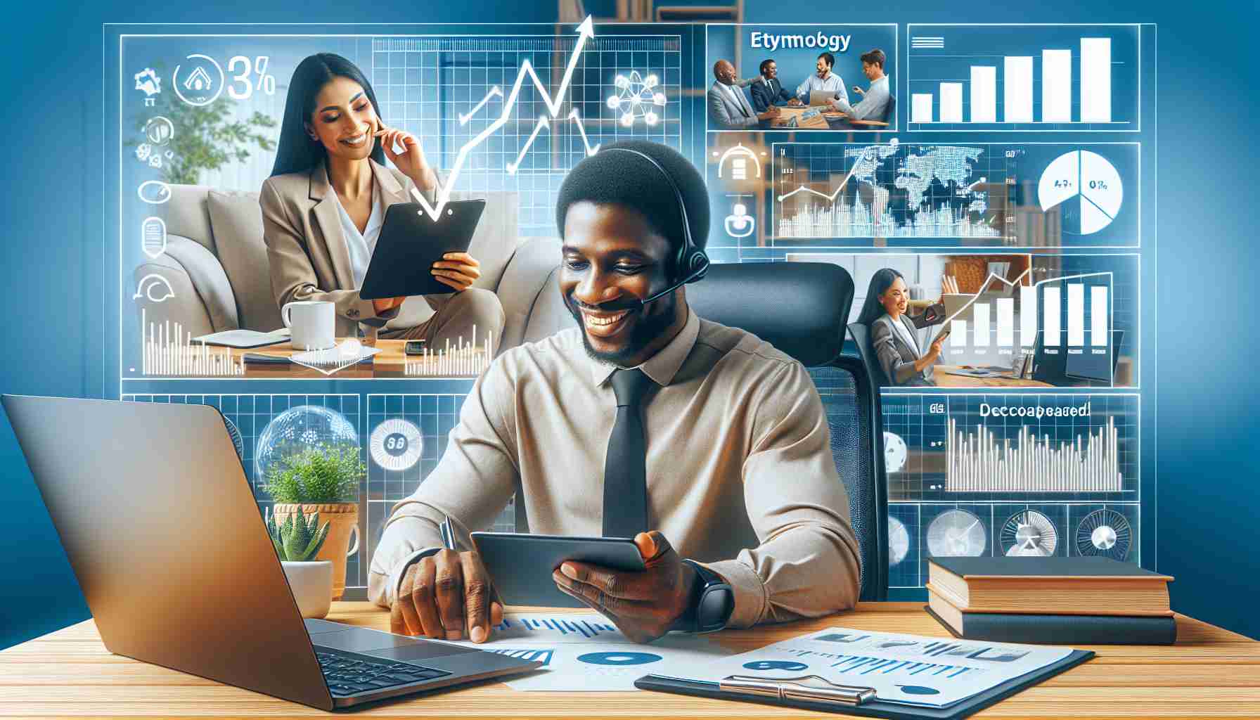 An ultra high definition image depicting the advantages of remote work for companies. Display a cheerful male African employee participating in a video conference on his laptop in his comfortable home environment, adeptly handling multiple tasks at once. Simultaneously, an etymology graph on a part of the image should represent decreased overheads costs and increased productivity. Also, show a female South Asian HR manager analyzing employee performance data on a tablet, reinforcing the concept of efficiency and adaptability that remote work brings.