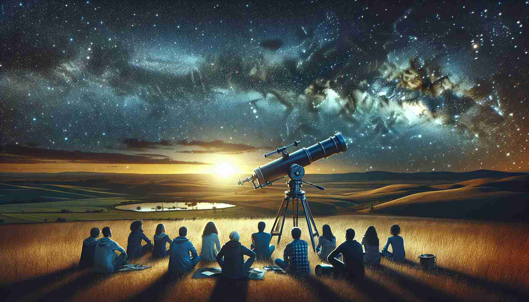 Create a realistic, high-definition image that represents the concept 'Exciting News for Stargazers in Central Iowa'. The image should reflect elements associated with stargazing, such as a clear night sky full of stars, telescopes or binoculars, star maps, and perhaps a group of people of varying descents — Caucasian, Hispanic, Black, Middle-Eastern, South Asian — gathered together in anticipation. The setting should be Central Iowa, showcasing typical landscape features like sprawling farmlands or rolling hills, subtly illuminated under the starlight.