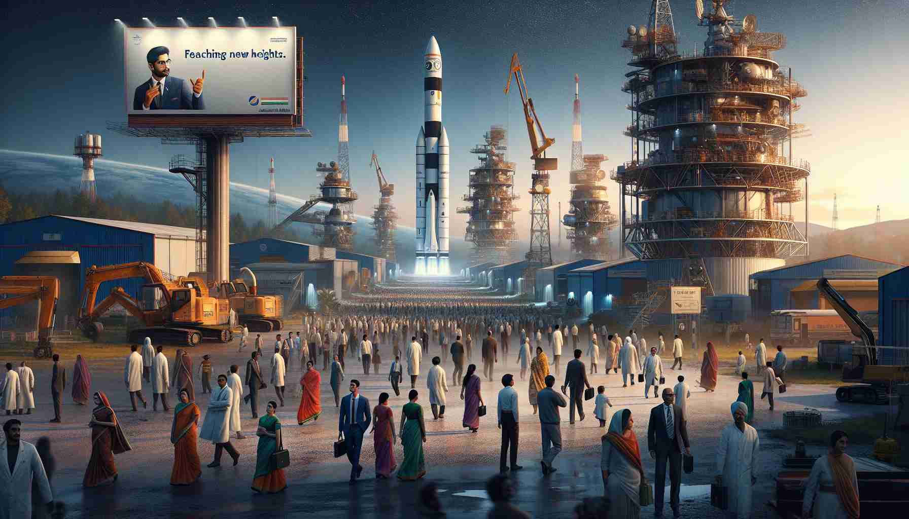 A highly detailed and realistic image of the burgeoning space industry in India. The scene is set against the backdrop of a serene twilight sky, with large, sophisticated machinery hinting at the advanced technology required for space exploration. A nearby billboard reflects the government's encouragement with an uplifting quote about reaching new heights. In the foreground, diverse groups of scientists, engineers, and workers, made up of a balanced mix of men and women, representing various ethnicities including Indian, Caucasian, and South Asian, move busily around, showcasing the bustling activities of the industry.