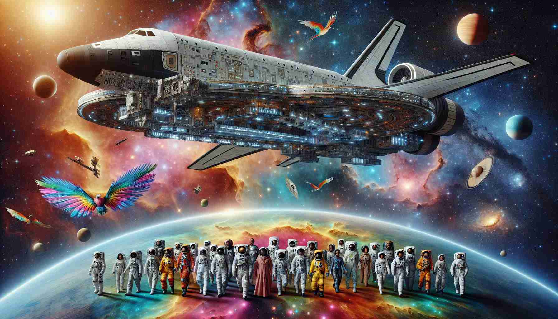 Imagine an intricately detailed image displaying the concept of exploring new frontiers in space research. A large, audacious spaceship, carrying a multicultural crew of both male and female astronauts of diverse backgrounds such as African, Asian, Hispanic, Middle-Eastern, and Caucasian hovers above a colourful nebula. The spaceship is Hi-tech with HD quality, clearly displaying its technical features. Below it, an alien planet surfaces come into view, glowing with bioluminescent flora and exotic landforms. The stars and galaxies surround them all around, creating a resplendent cosmic backdrop.