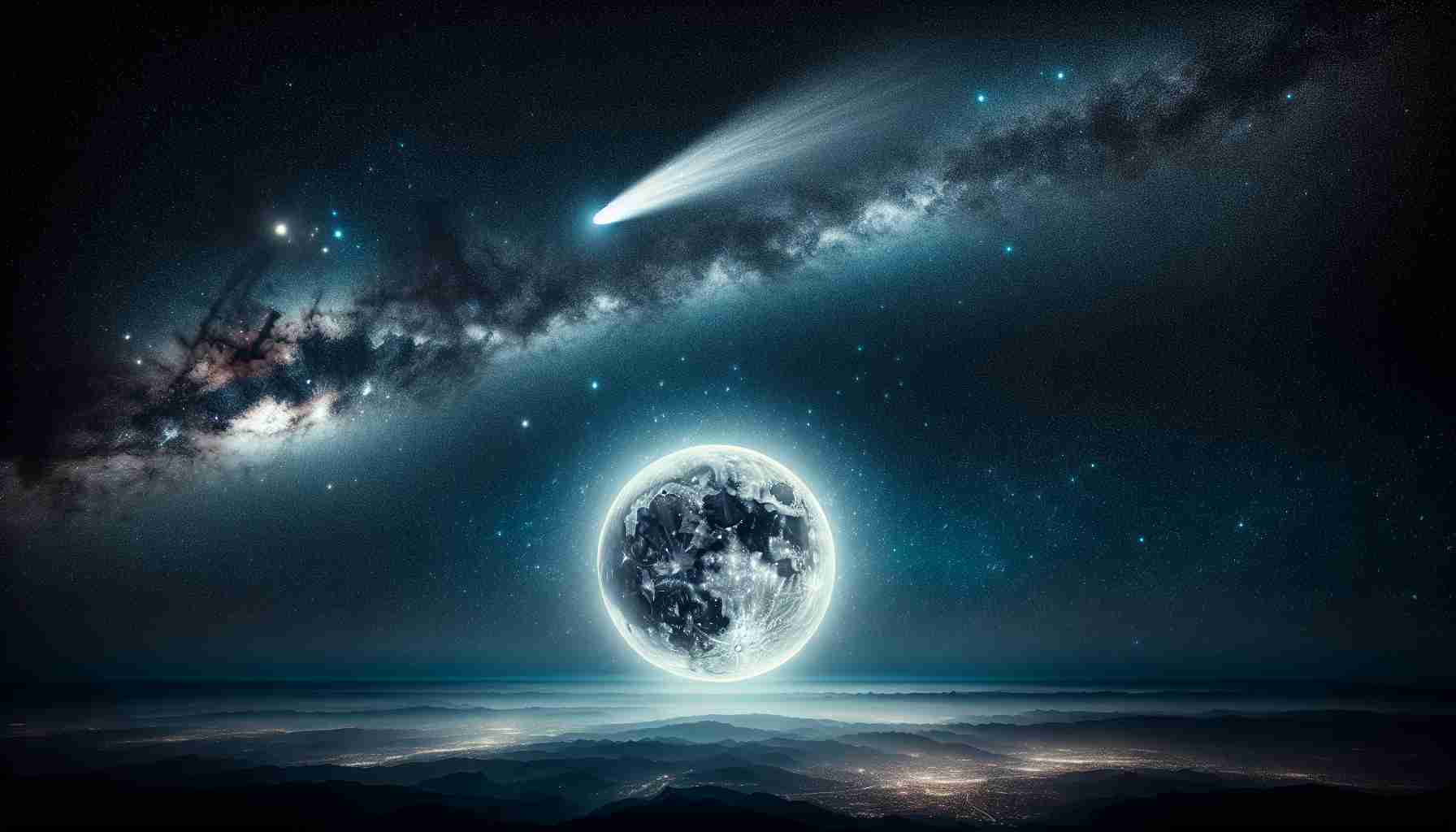 Create a realistic high detail landscape photo of a breathtaking astronomical event on a dark night sky: a spectacular alignment of a bright, luminous moon positioned perfectly alongside a passing comet with a visible tail. Above it, a myriad of stars twinkle, and the Milky Way galaxy can be seen faintly sweeping across the sky.