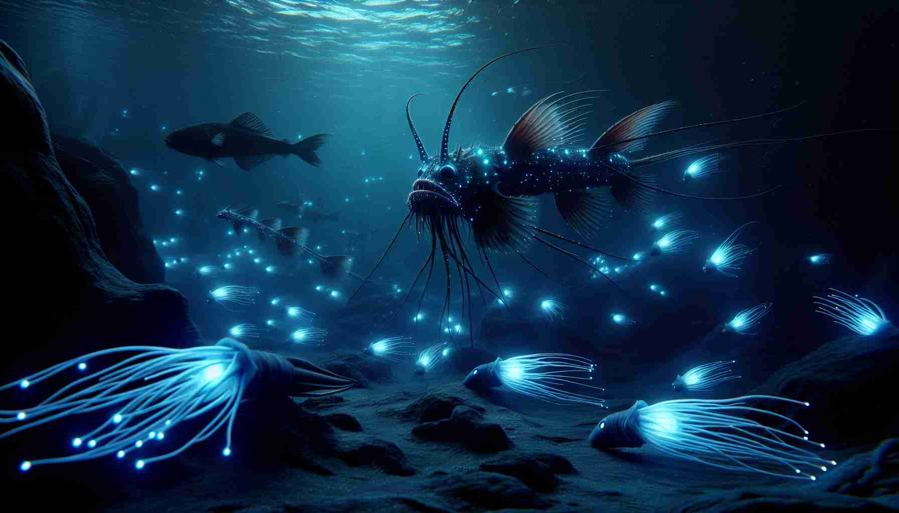 Render a realistic high-definition image capturing the mysteries of deep-sea creatures. The scene should display a variety of bioluminescent fishes and invertebrates, like anglerfish and giant squids. Show them swimming gracefully amidst the dark, cold depths of the ocean, with their errie glows illuminating the darkness around them. Capture the thickness and depth of the water, the rough and rugged terrain of the seafloor, and the feeling of isolation and wonder one experiences when navigating such depths. The photo should make the viewer feel as if they are taking part in an underwater exploration adventure.