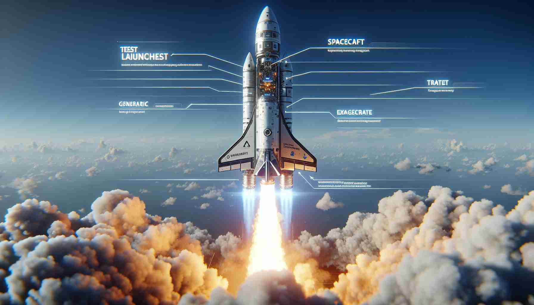 Render a detailed, high-definition image of the successful test launch of a generic futuristic spaceship, which represents a major achievement in space exploration. Highlight the grandeur of the spacecraft launch, displaying the rocket ascending into the clear blue sky with fiery trail beneath it, showcasing its advanced technology. Educational annotations can be incorporated outlining key spacecraft features and breakthroughs in testing the craft.